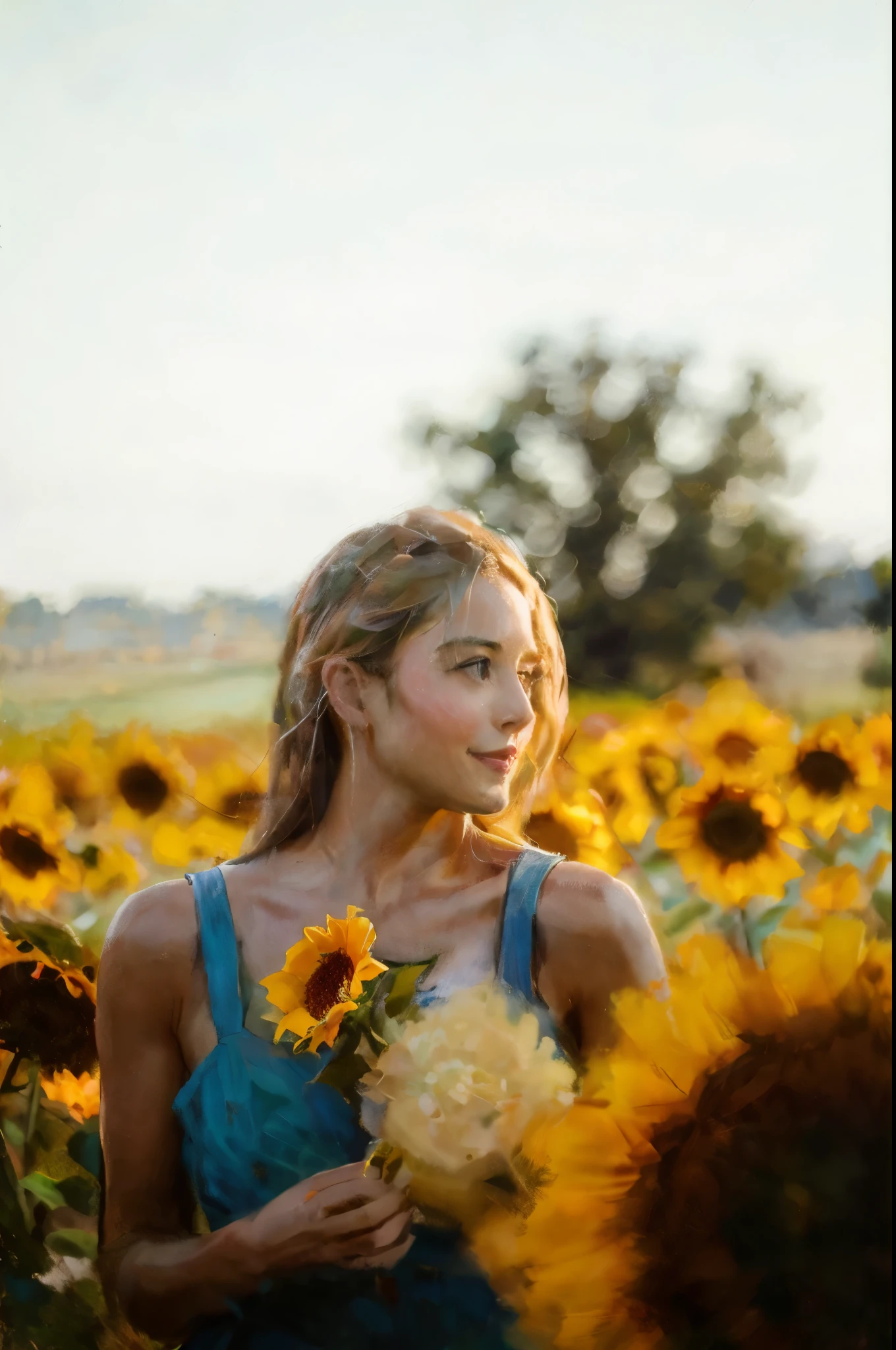 hay una mujer parada en un campo de girasoles,obra maestra sobre lienzo al estilo de Claude Monet, Claude Monet,Una mujer morena de mediana edad, sonríe, Extremadamente bello, Detailed paisaje, Híper realista, Elementos de simbolismo y surrealismo, diseño intrincado, follaje, florales, paisaje, color pastel, detalles azules, detalles rosas, La mujer miró al público., Directamente en la cámara.