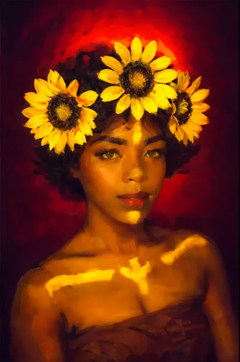 there is a woman with sunflowers on her head and a red background,masterpiece on canvas in the style of Claude Monet, ClaudeMonet,A middle-aged brunette woman, ssmile, Extremely beautiful, Detailed landscape, Hyper-realistic, Elements of symbolism and surr...