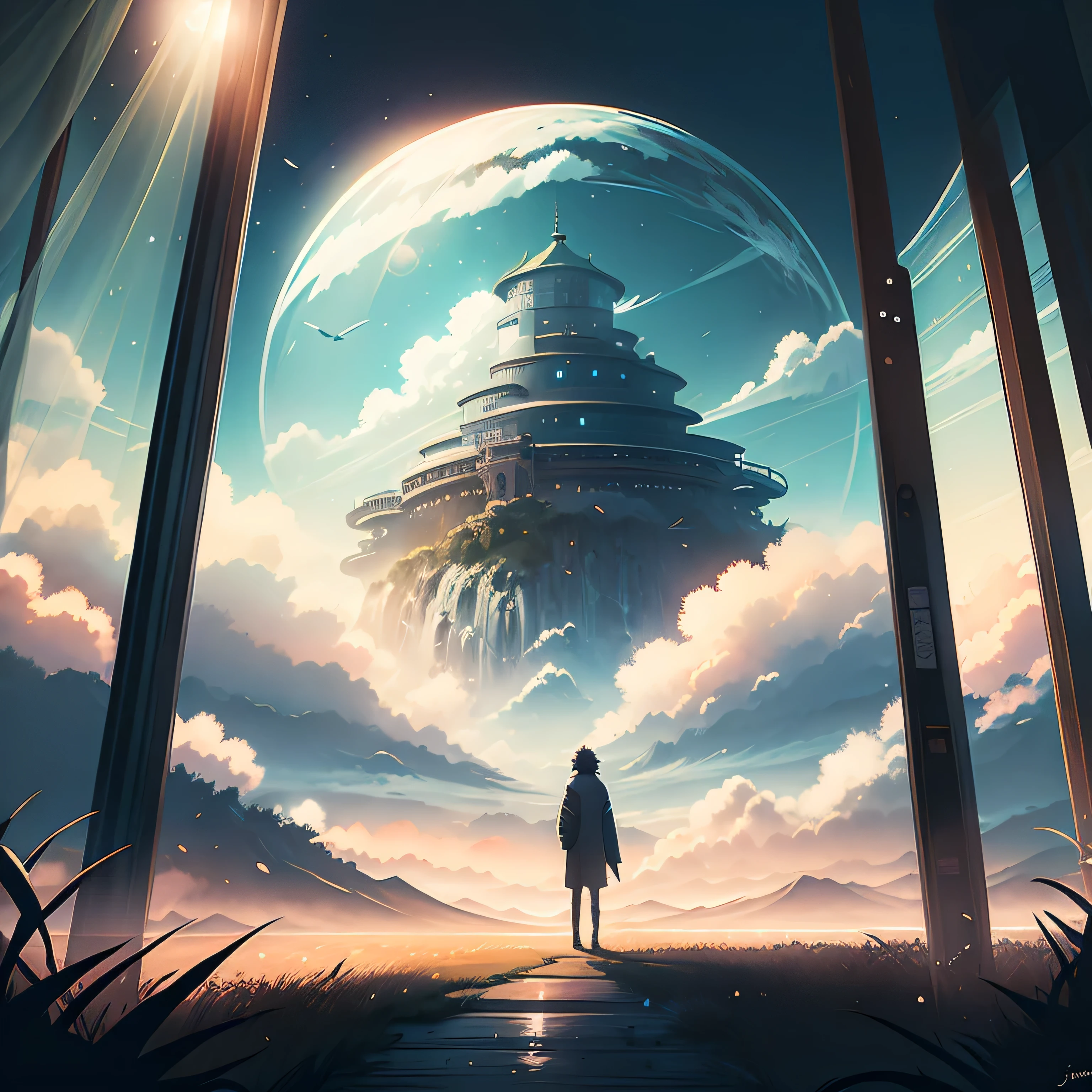 Há um homem parado em um caminho olhando para as nuvens, paisagens animadas, pintura digital um pagode, paisagem detalhada, paisagem rural animada, Paysage japonais, paysage des studios Ghibli, feito com o estúdio de pintor de anime, inspirado em Josetsu, Bela paisagem animada, montagnes du japon, pintado em um estúdio de pintor de anime, campanha no Japão, Inspirado em Makoto Shinkai, fantasia. Ambiance paraísoiaque. paraíso. Nuages. Castelo no céu.