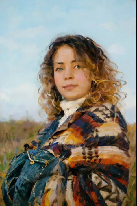 arafed woman with curly hair wearing a blanket in a field,masterpiece on canvas in the style of Claude Monet, ClaudeMonet,A middle-aged brunette woman, ssmile, Extremely beautiful, Detailed landscape, Hyper-realistic, Elements of symbolism and surrealism, ...