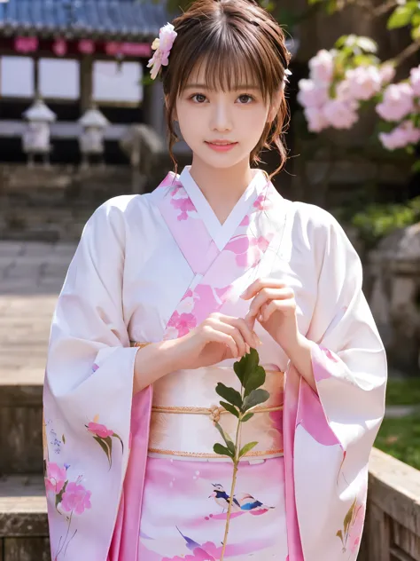 white kimono、pink japanese pattern、(furisode:1.5)、or、(top grade)、1 woman、16 years old、full body esbian、black haired、tie hair bac...