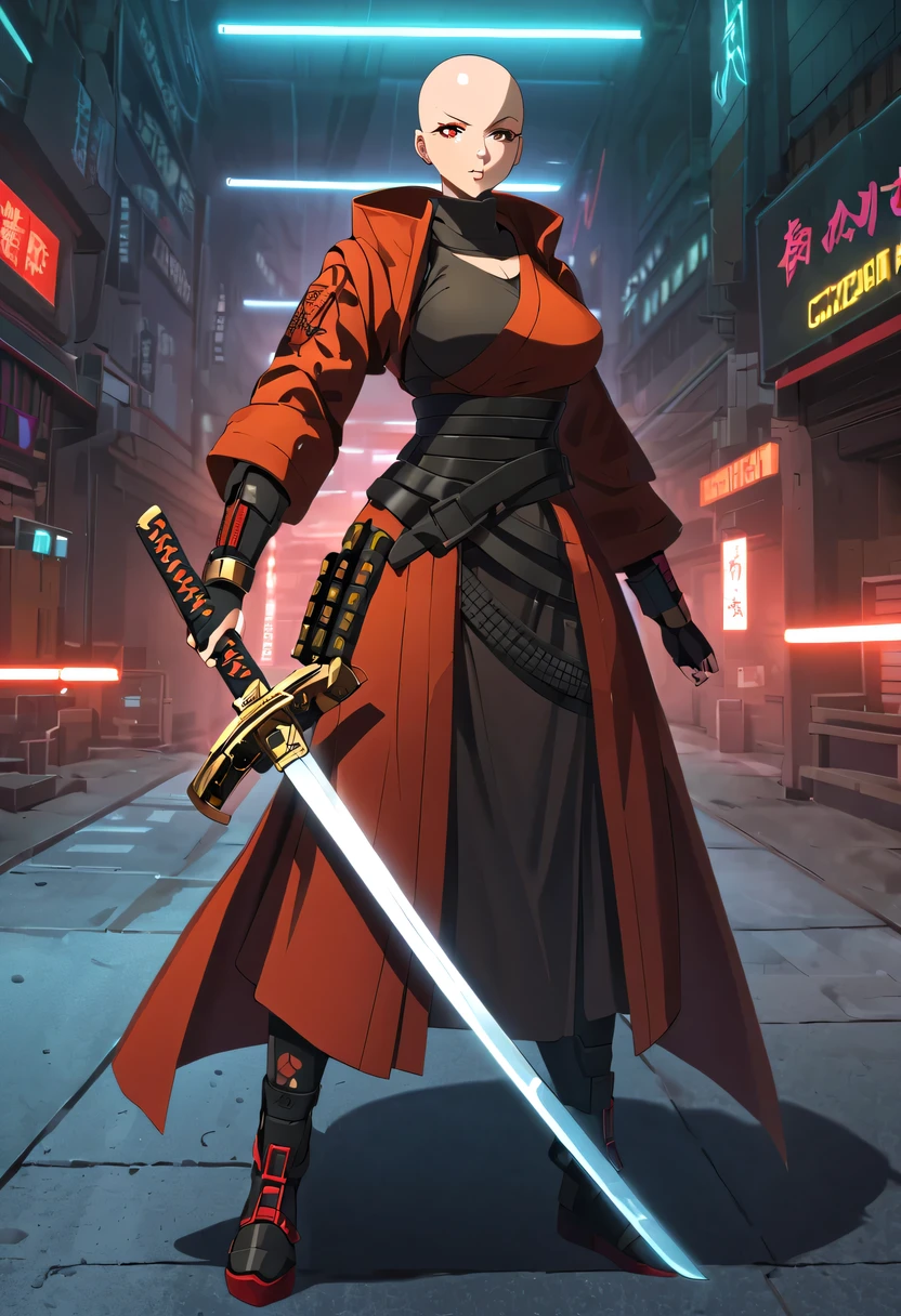 Samurai sword，sh4g0d style cyberpunk female warrior，(bald，monk:1.2),bushido,gown