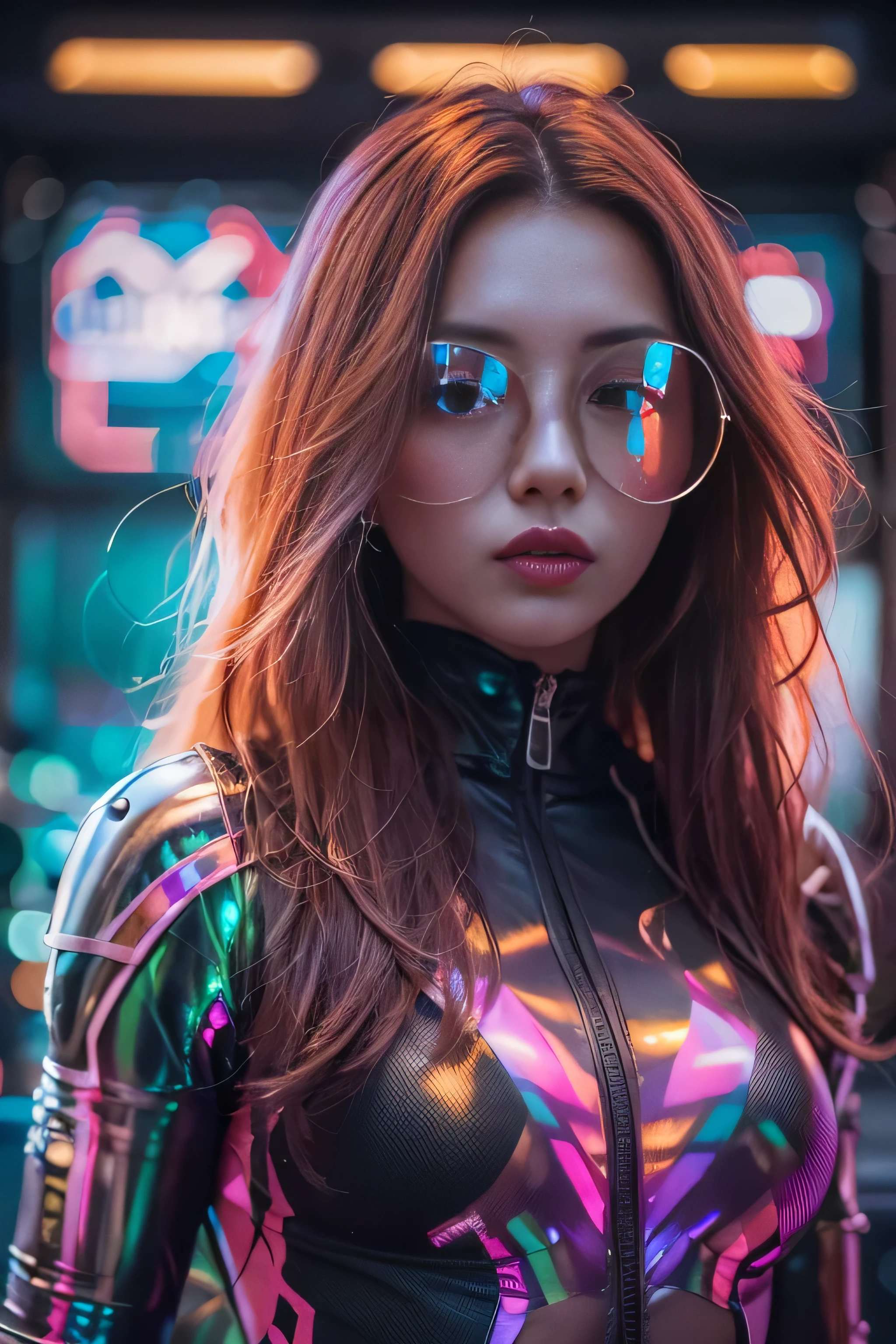 table top, Dystopian city with neon signs and holograms projected on buildings and sky, slim beautiful woman, Surrounded by neon-lit reflections of the cityscape, written boundary depth, Beautiful woman with slim figure, tight clothes holographic, fit girl, Strong lighting hits the bodysuit, hourglass figures, high contrast clothing, hologram clothes, (walk towards the camera), (Look into the viewer&#39;s eyes), lipstick, yellow virtual reality glasses, long red straight hair, night, cyberpunk aesthetics, highly detailed lighting, dramatic, In 8K, high detail, skin texture, リアルなskin texture, armor, highest quality, High resolution, Photoreal