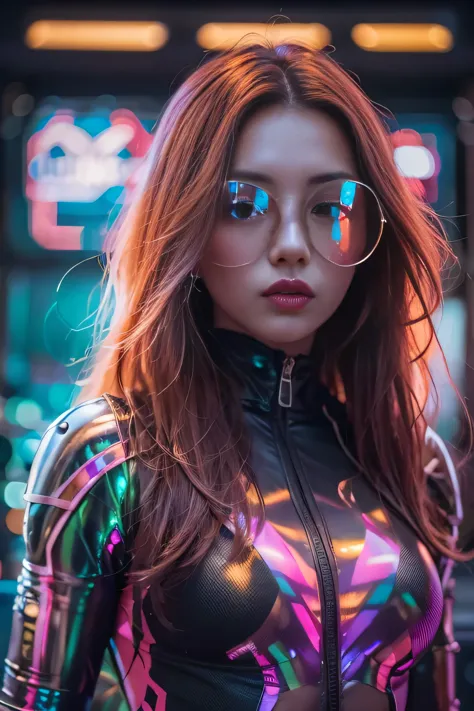 table top, Dystopian city with neon signs and holograms projected on buildings and sky, slim beautiful woman, Surrounded by neon...