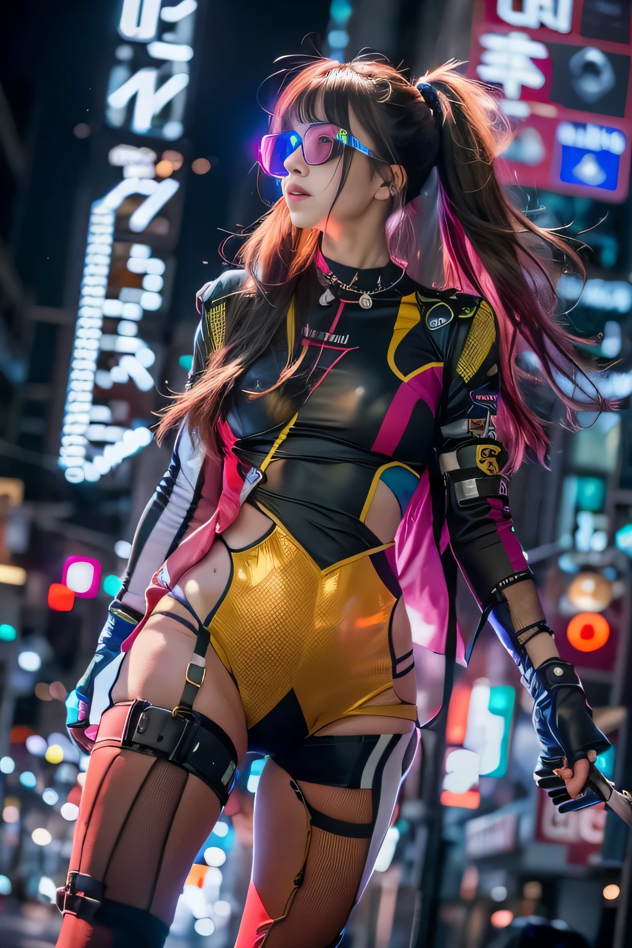 RAW image quality, 1 girl, Japanese, 17 years old, table top, Dystopian city with neon signs and holograms projected on buildings and sky, slim beautiful woman, Surrounded by neon-lit reflections of the cityscape, written boundary depth, Beautiful woman with slim figure, (nipple protrusion), hologram tight sheer clothes, fit girl, Strong lighting hits the bodysuit, hourglass figures, high contrast clothing, hologram clothes, (walk towards the camera), (Look into the viewer&#39;s eyes), lipstick, yellow virtual reality glasses, long red straight hair, night, cyberpunk aesthetics, highly detailed lighting, dramatic, In 8K, high detail, skin texture, リアルなskin texture, armor, highest quality, High resolution, Photoreal