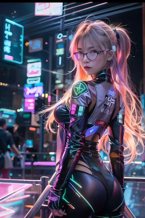 RAW image quality, 1 girl, Japanese, 17 years old, table top, Dystopian city with neon signs and holograms projected on building...