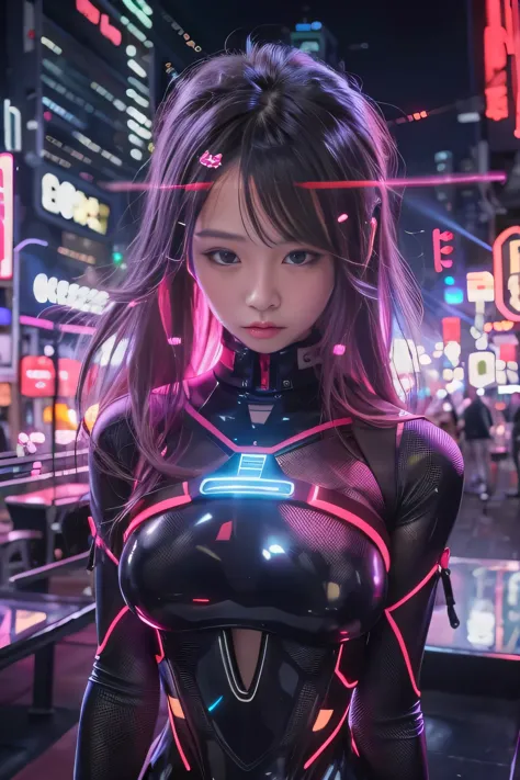 RAW image quality, 1 girl, Japanese, 17 years old, table top, Dystopian city with neon signs and holograms projected on building...