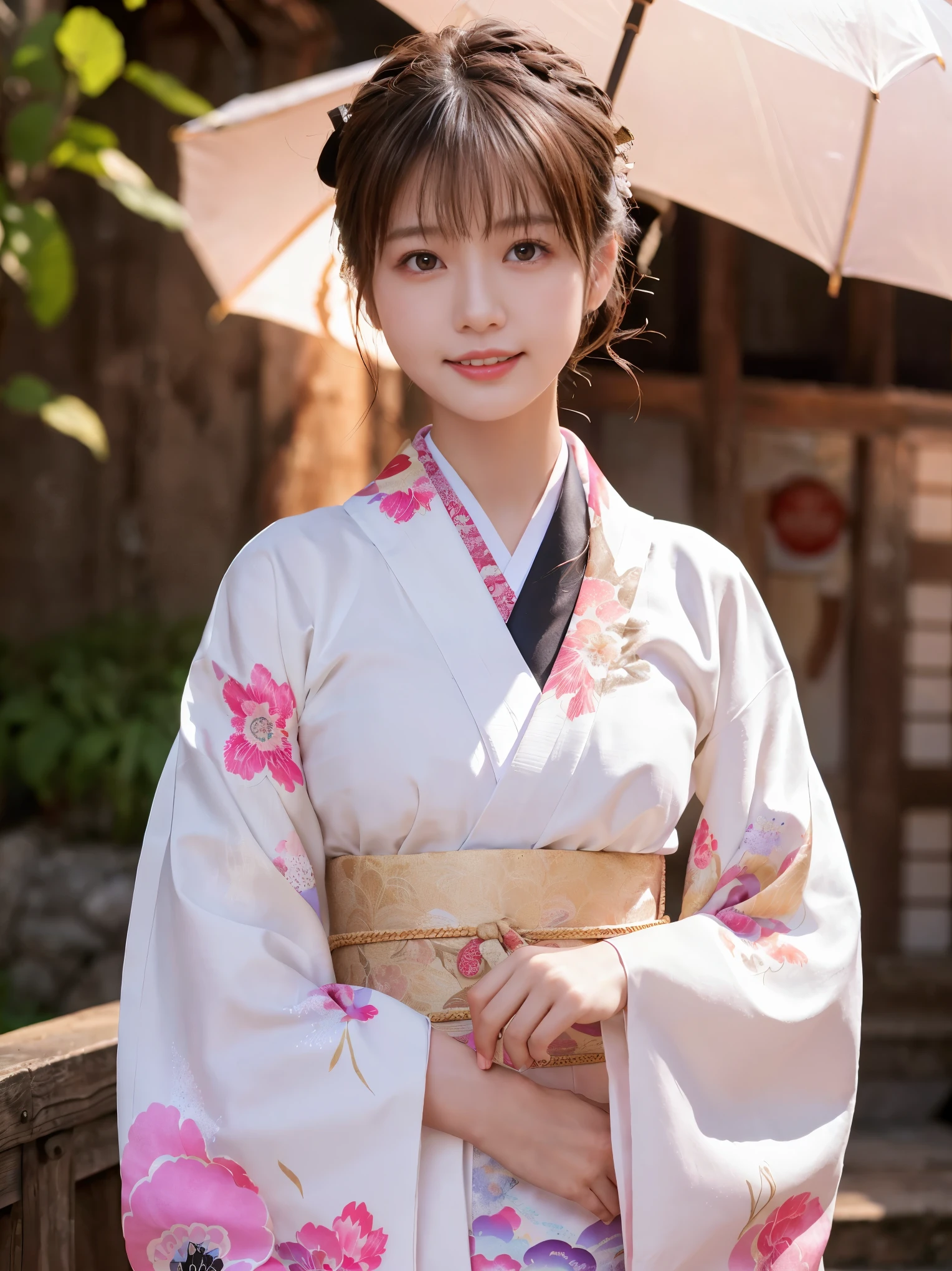 white kimono、pink Japanese pattern、(Furisode:1.5)、or、(top grade)、1 female、25 years old、big breasts、Full body Esbian、black haired、tie your hair back、(realistic:1.7)、((best image quality))、absurd、(超A high resolution)、(Photoreal:1.6)、Photoreal、octane rendering、(超realistic:1.2)、(realistic face:1.2)、(8k)、(4k)、(masterpiece)、(realistic skin texture)、(enlightenment、movie lighting、wall-)、(beautiful eyes:1.2)、((((perfect face))))、(Cute face like an idol:1.2)、( Are standing)、shrine、bird ready、(January)、detailed cute face、true beauty、laughter、