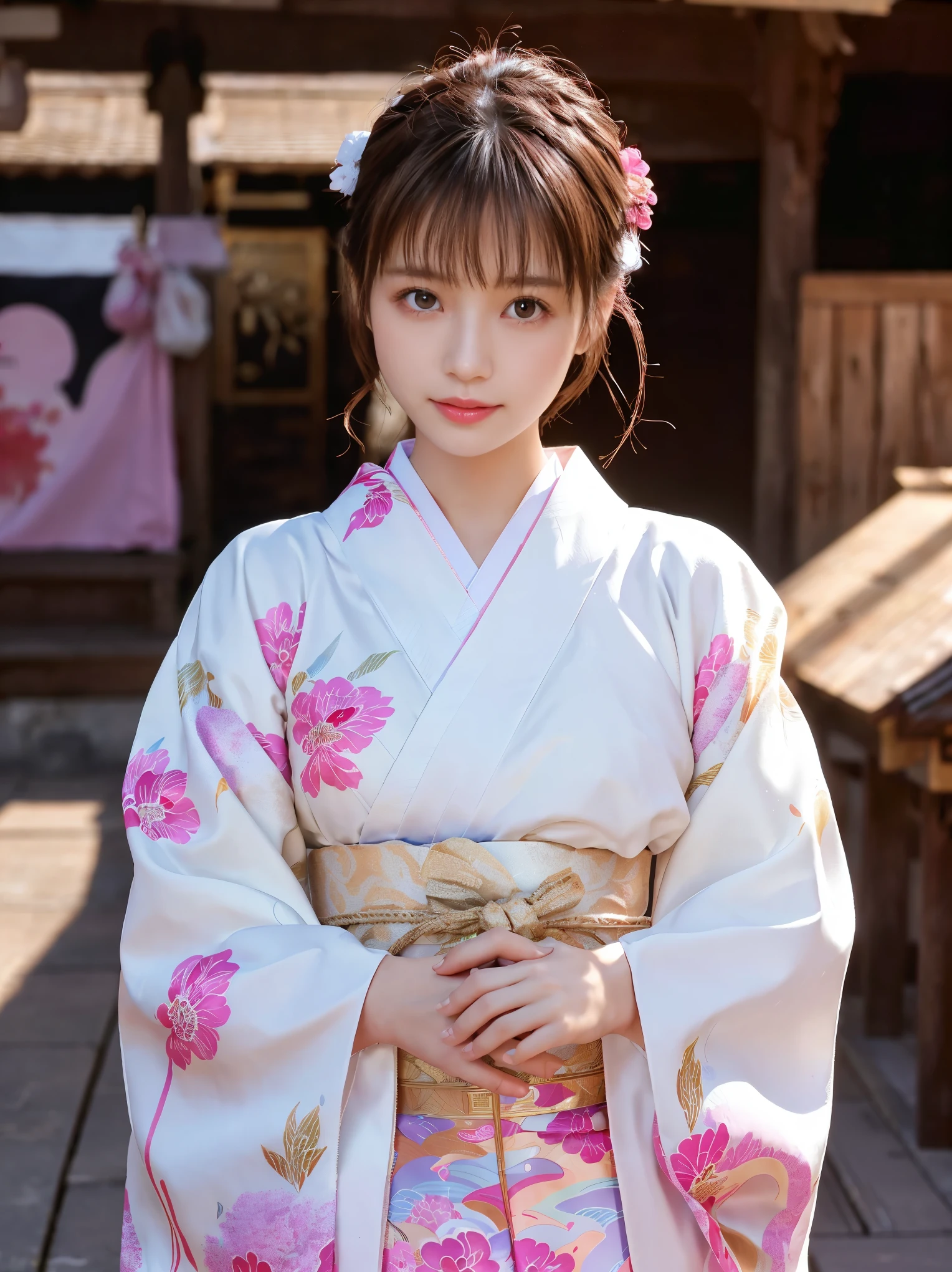 white kimono、pink Japanese pattern、(Furisode:1.5)、or、(top grade)、1 female、25 years old、big breasts、Full body Esbian、black haired、tie your hair back、(realistic:1.7)、((best image quality))、absurd、(超A high resolution)、(Photoreal:1.6)、Photoreal、octane rendering、(超realistic:1.2)、(realistic face:1.2)、(8k)、(4k)、(masterpiece)、(realistic skin texture)、(enlightenment、movie lighting、wall-)、(beautiful eyes:1.2)、((((perfect face))))、(Cute face like an idol:1.2)、( Are standing)、shrine、bird ready、(January)、detailed cute face、true beauty、laughter、