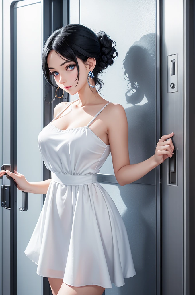 1 woman, black hair, blue pupils, delicate face, cute, love earrings, white dress, standing at the door of the police station, playful, ultra hd, masterpiece, best quality, super detail, ccurate