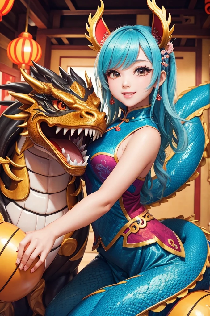 1girl, masterpiece, best quality, making friends with the Chinese dragon, fun, happy, bright, loong,