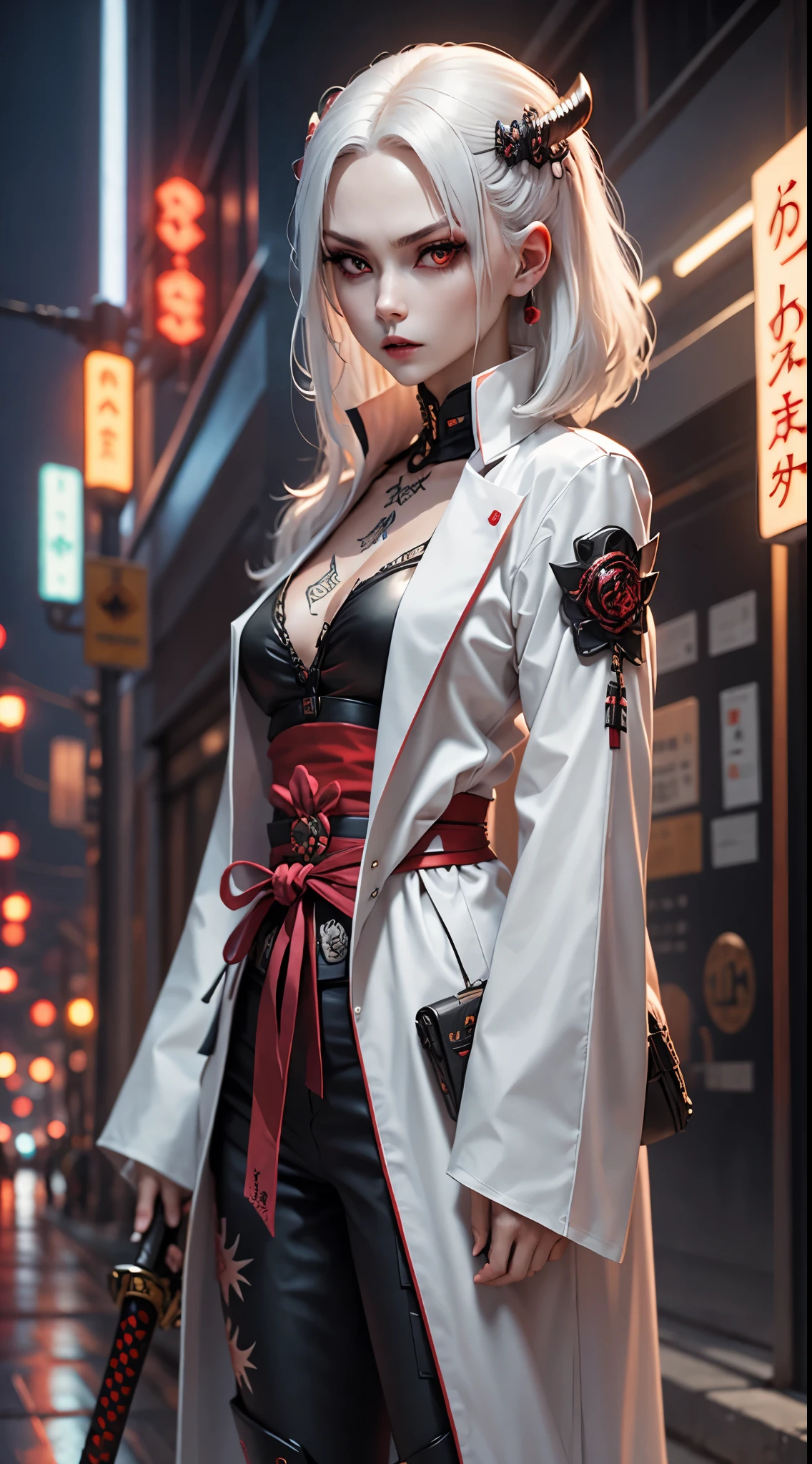 Photo of white-haired samurai wearing jacket standing in the middle of neon street , Her katana glows in the dark. masterpiece, female , Cyberpunk characters , Have a tattoo, post-apocalyptic, Super detailed, Ready to fight, Serious expression, Super detailed samurai sword , masterpiece ,