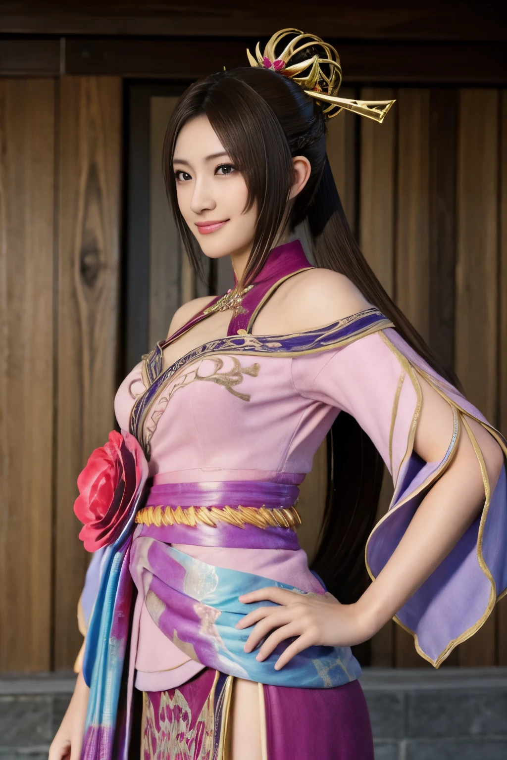 Diaochan from Sangoku Musou 8,hair ornaments,perfect costume,twin tails、masterpiece、1 cute girl、17 year old high school student、smile,fine eyes、puffy eyes、bright outdoors,Bright downtown、highest quality, 超High resolution, (reality: 1.4), movie lighting、Japanese、asian beauty、Korean、super beautiful、beautiful skin、body facing forward、whole body,Upper body、(超reality的な)、(High resolution)、(8k)、(very detailed)、(美しくfine eyes)、(Super detailed)、 (wall-)、detailed face、bright lighting、professional lighting、looking at the viewer、look straight ahead、slanted bangs、brown hair、Nogizaka Idol、