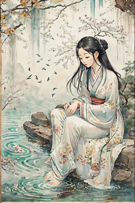 Chinese ancient style，ancient paintings，White background，Girl sitting at the water's edge，wearing pajamas