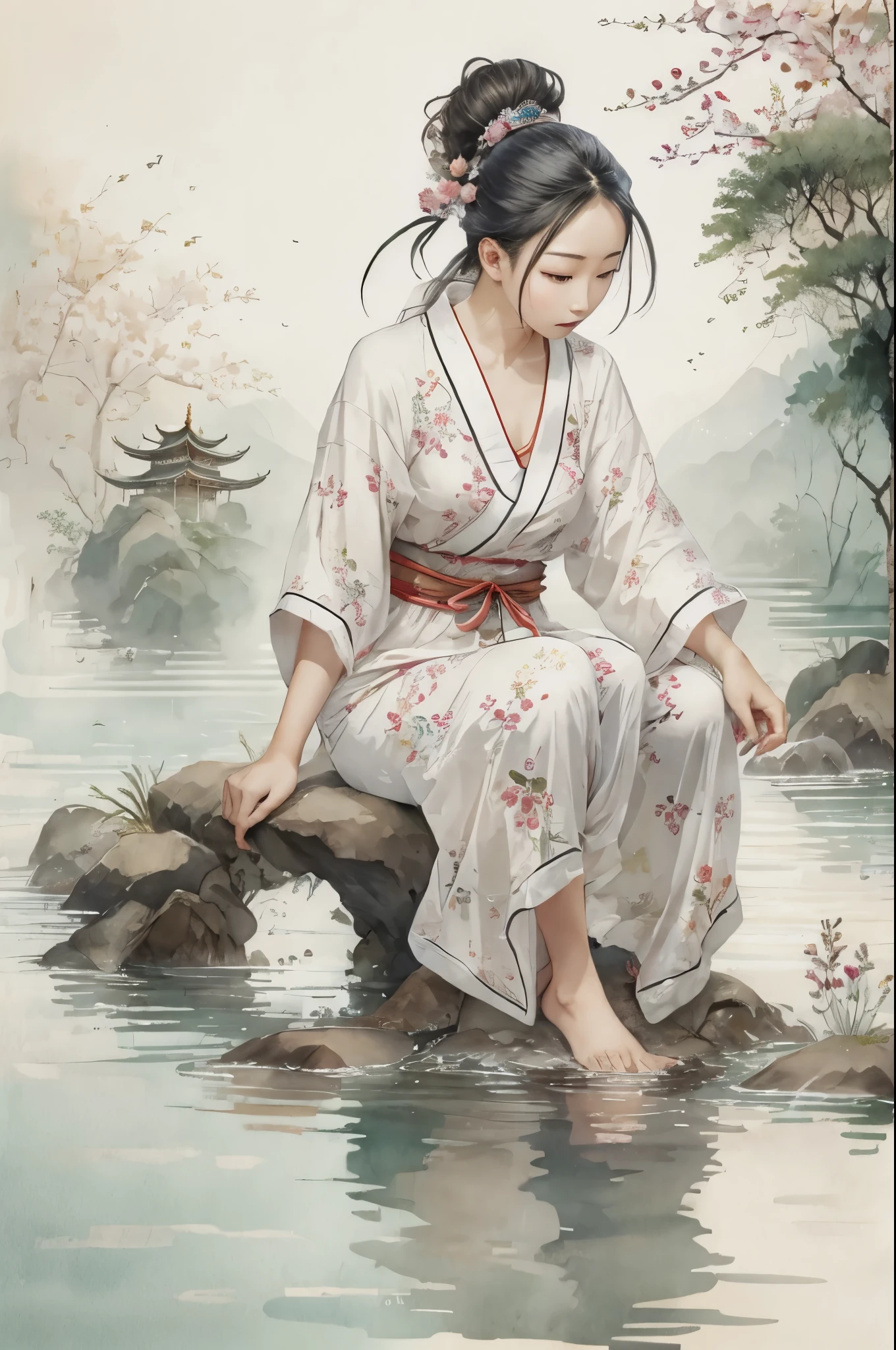 Chinese ancient style，ancient paintings，White background，Girl sitting at the water's edge，wearing pajamas