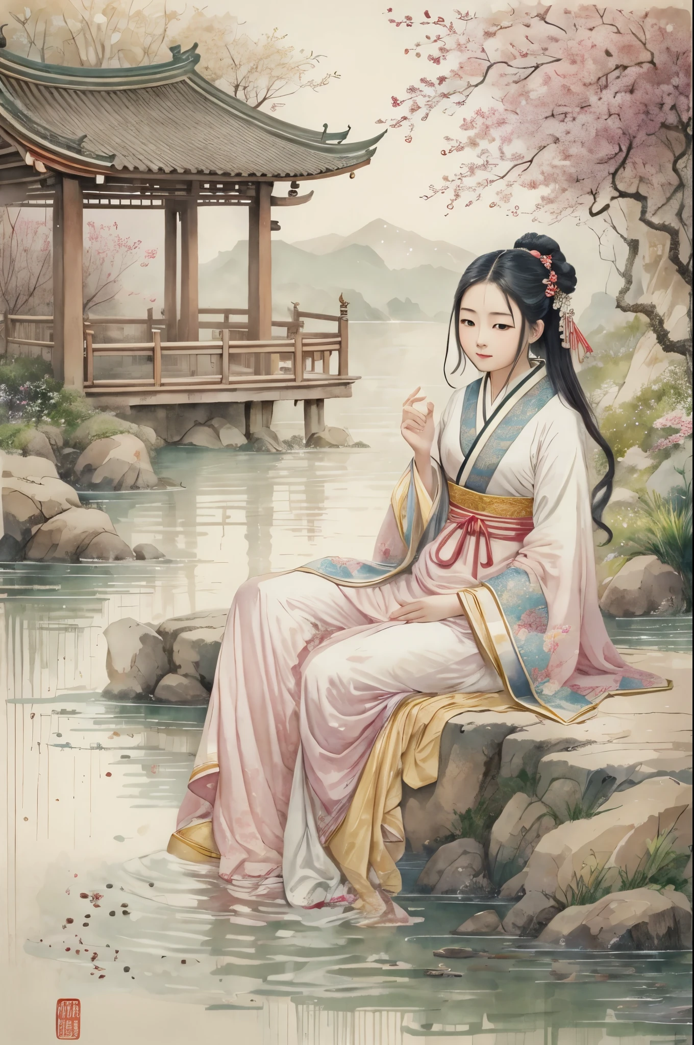 Chinese ancient style，ancient paintings，White background，Girl sitting at the water's edge，wearing pajamas