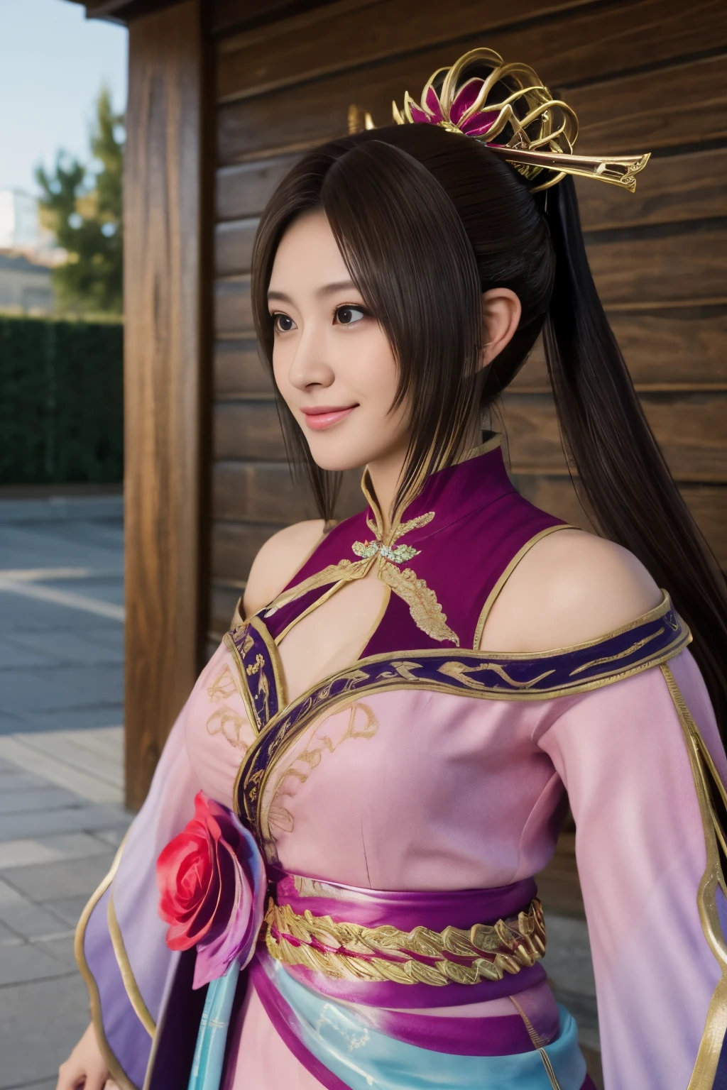 Diaochan de Sangoku Musou 8,ornements de cheveux,costume parfait,Queues jumelles、chef-d&#39;œuvre、1 jolie fille、1 élève du lycée、sourire,Beaux yeux、yeux gonflés、Extérieur lumineux,Centre-ville lumineux、la plus haute qualité, 超haute résolution, (réalité: 1.4), éclairage de cinéma、Japonais、Beauté asiatique、coréen、super belle、belle peau、corps tourné vers l&#39;avant、tout le corps,Haut du corps、(超réalité的な)、(haute résolution)、(8k)、(très détaillé)、(美しくBeaux yeux)、(Super détaillé)、 (mur-)、Visage détaillé、éclairage lumineux、Éclairage professionnel、Regarder le spectateur、Regardez droit devant、frange inclinée、cheveux bruns、Idole Nogizaka、