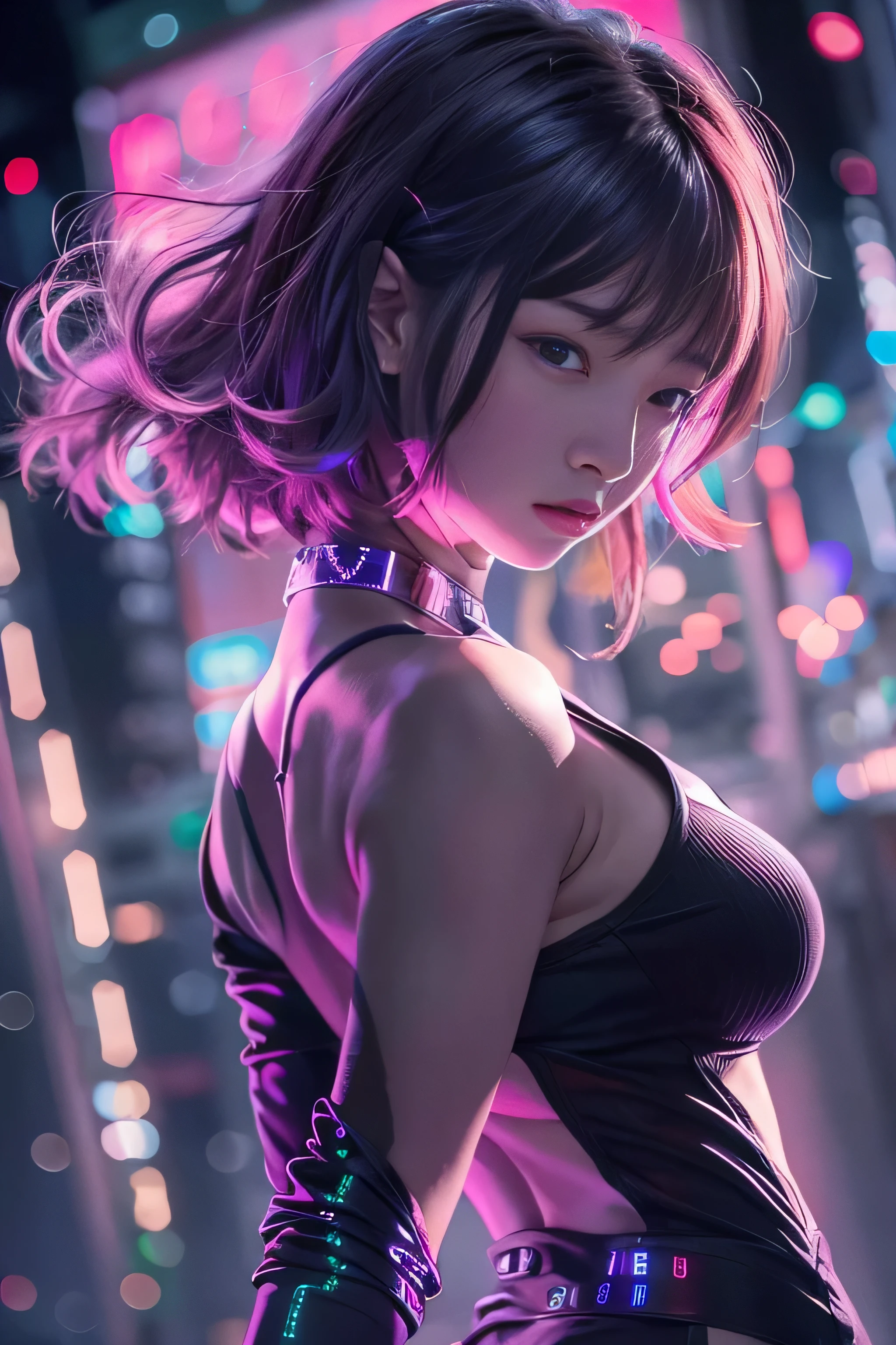 RAW image quality, 1 girl, Japanese, 17 years old, table top, Dystopian city with neon signs and holograms projected on buildings and sky, slim beautiful woman, Surrounded by neon-lit reflections of the cityscape, written boundary depth, Beautiful woman with slim figure, perfect style, (Beautiful curvaceous female body shape:1.4), Woman&#39;s body illuminated by strong neon lighting, high contrast, Shining hologram female body, (walk towards the camera), (Look into the viewer&#39;s eyes), lipstick, Straight very short hair, night, cyberpunk aesthetics, highly detailed lighting, dramatic, In 8K, high detail, skin texture, リアルなskin texture, highest quality, High resolution, Photoreal