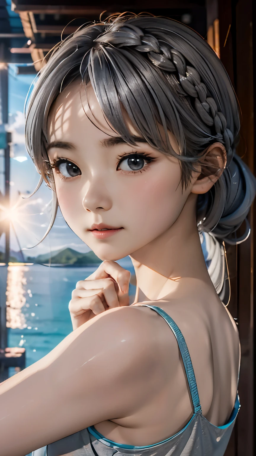 one girl、small face、cute face、(((ash gray hair:1.2)))、long hair、french braid、camera&#39;s line of sight、small breasts、An ennui look、(((light blue camisole、dress)))、particles of light、sea of sunset、calm sea、white sand beach、very beautiful sunset、RAW photo、highest quality、High resolution、High resolution、masterpiece:1.3、８ｋ、１２ｋ、professional photographer、