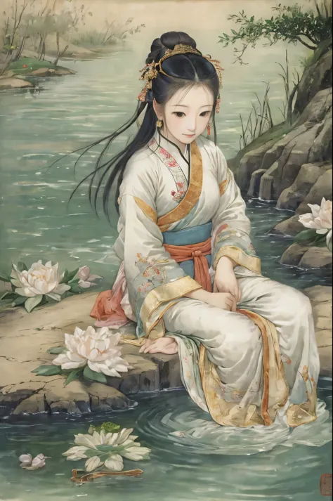 Chinese ancient style，ancient paintings，Girl sitting at the water's edge，wearing pajamas，best quality，