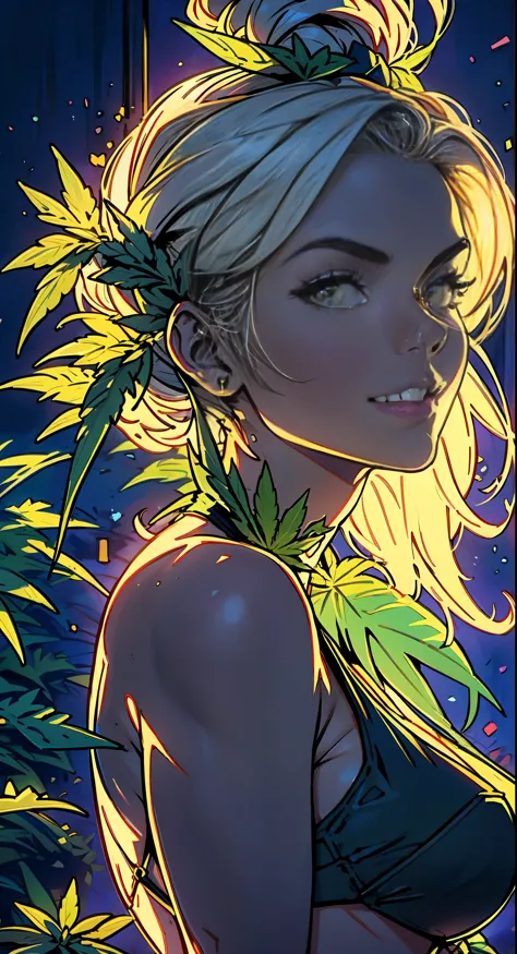 A closeup of a woman with a Neon marijuana leaf on her head, personification of marijuana, Jen Bartel, maconha!, Tema Maconha, i...