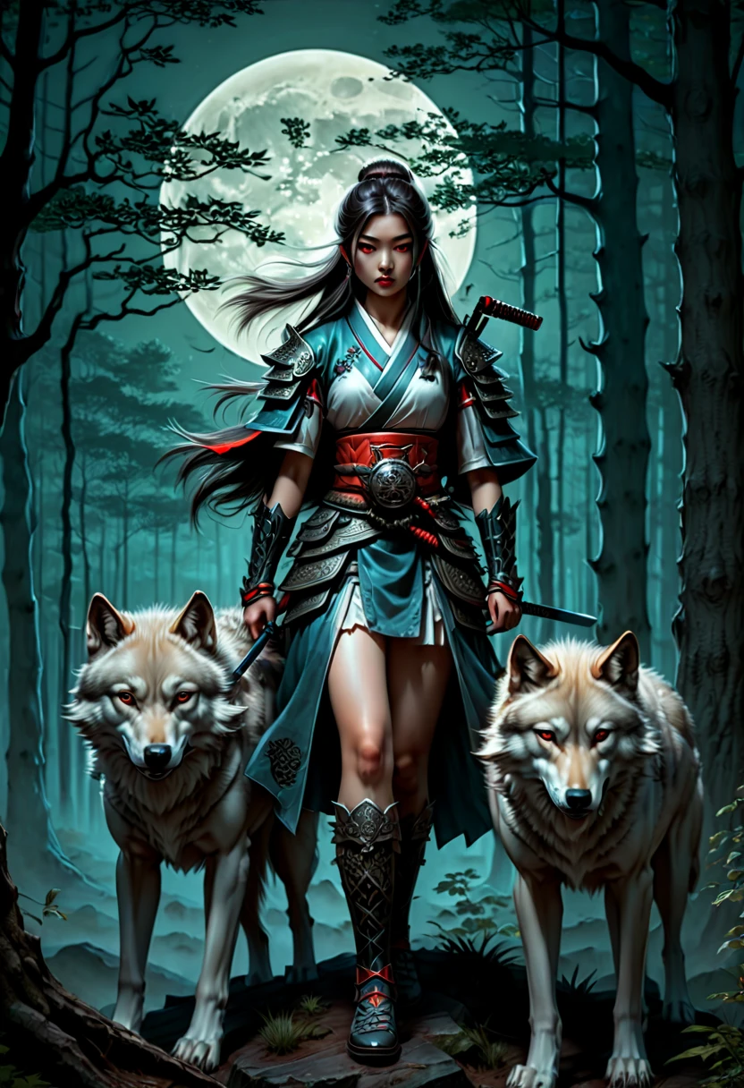 um Samurai e um lobo em uma floresta com lua cheia atrás dela, com um lobo ao fundo, por Anne Stokes, arte de fantasiawork, uma ilustração de livro de histórias, arte de fantasia, (melhor qualidade, Obra de arte, trabalho representativo, arte oficial, profissional, ultra intrincado detalhado, 8K:1.3)