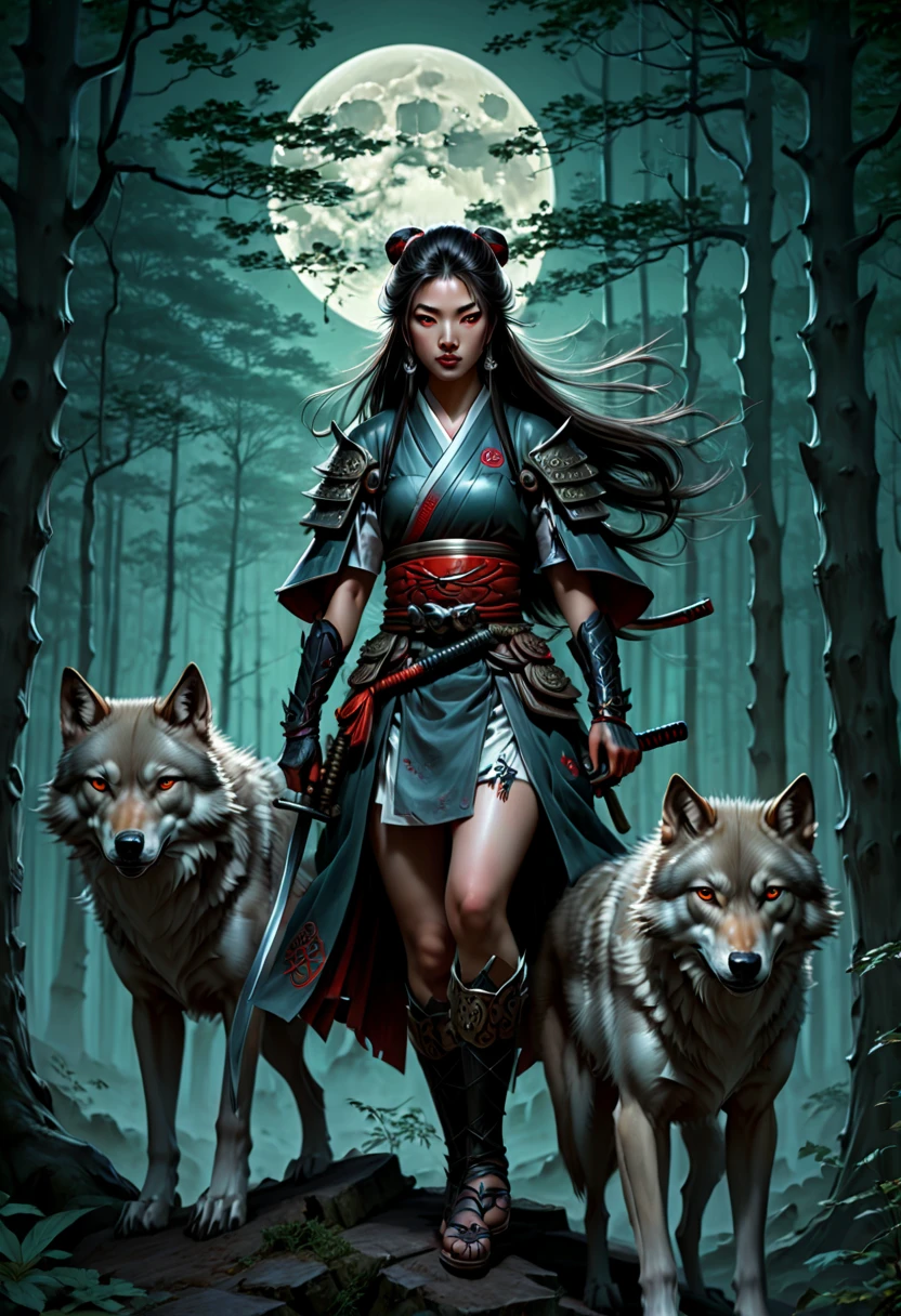 a Samurai and a wolf in a forest with a full moon behind her, with a wolf in the background, by Anne Stokes, fantasy artwork, a storybook illustration, fantasy art, (best quality, masterpiece, Representative work, official art, Professional, Ultra intricate detailed, 8k:1.3)