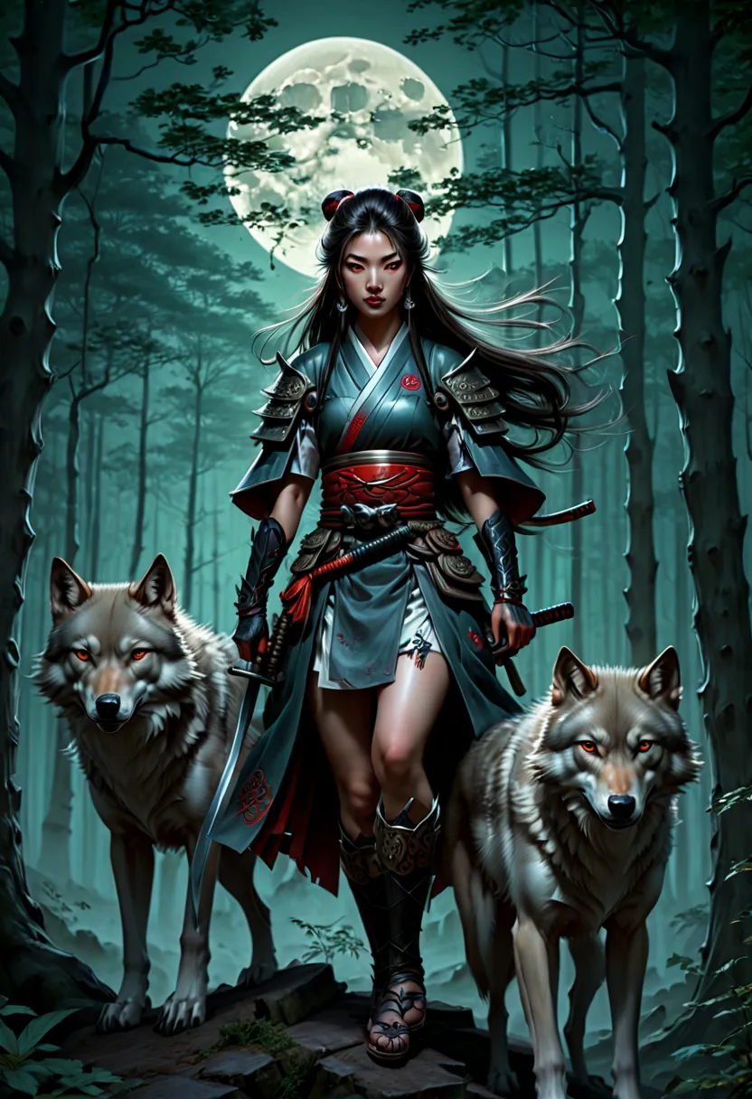 a samurai and a wolf in a forest with a full moon behind her, with a wolf in the background, by anne stokes, fantasy artwork, a ...