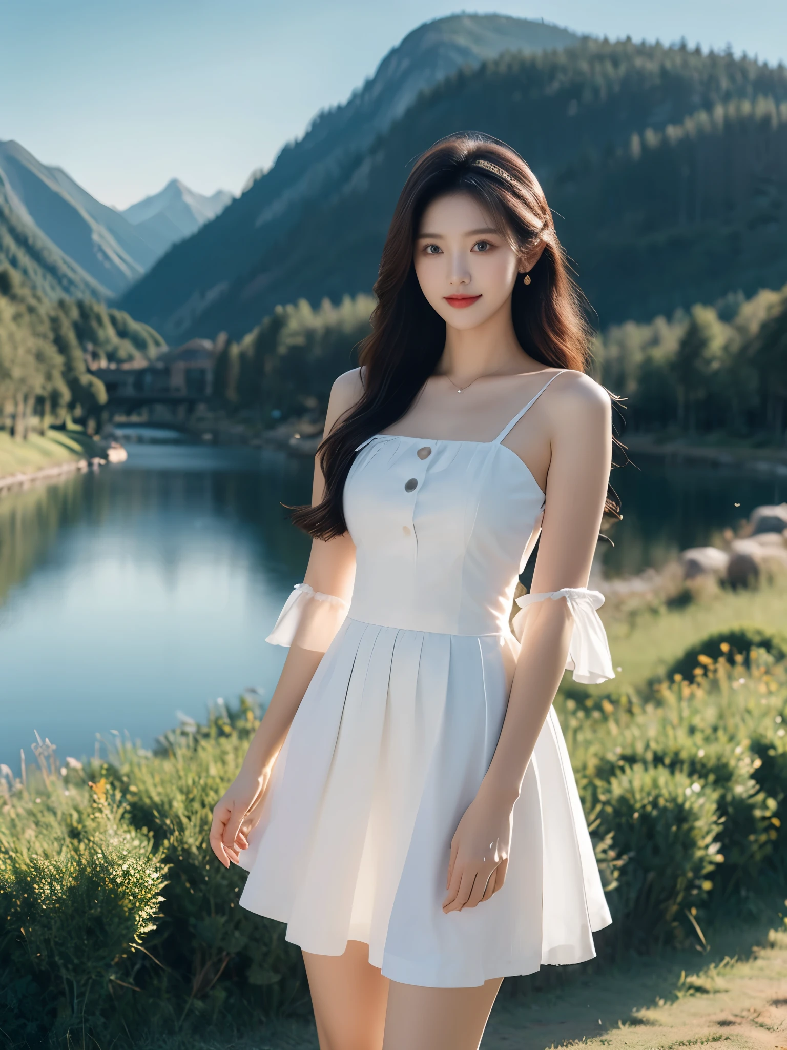 best quality,HDR,UHD,8K,Vivid Colors,solo,photo_,(1girl:1.3),(standing:1.3),sun,(sunshine:1.2),(looking at viewer:1.4),Elegant,detailed gorgeous face,(mountain background:1.3),river,(cowboy shot:1.4),rc,dress,