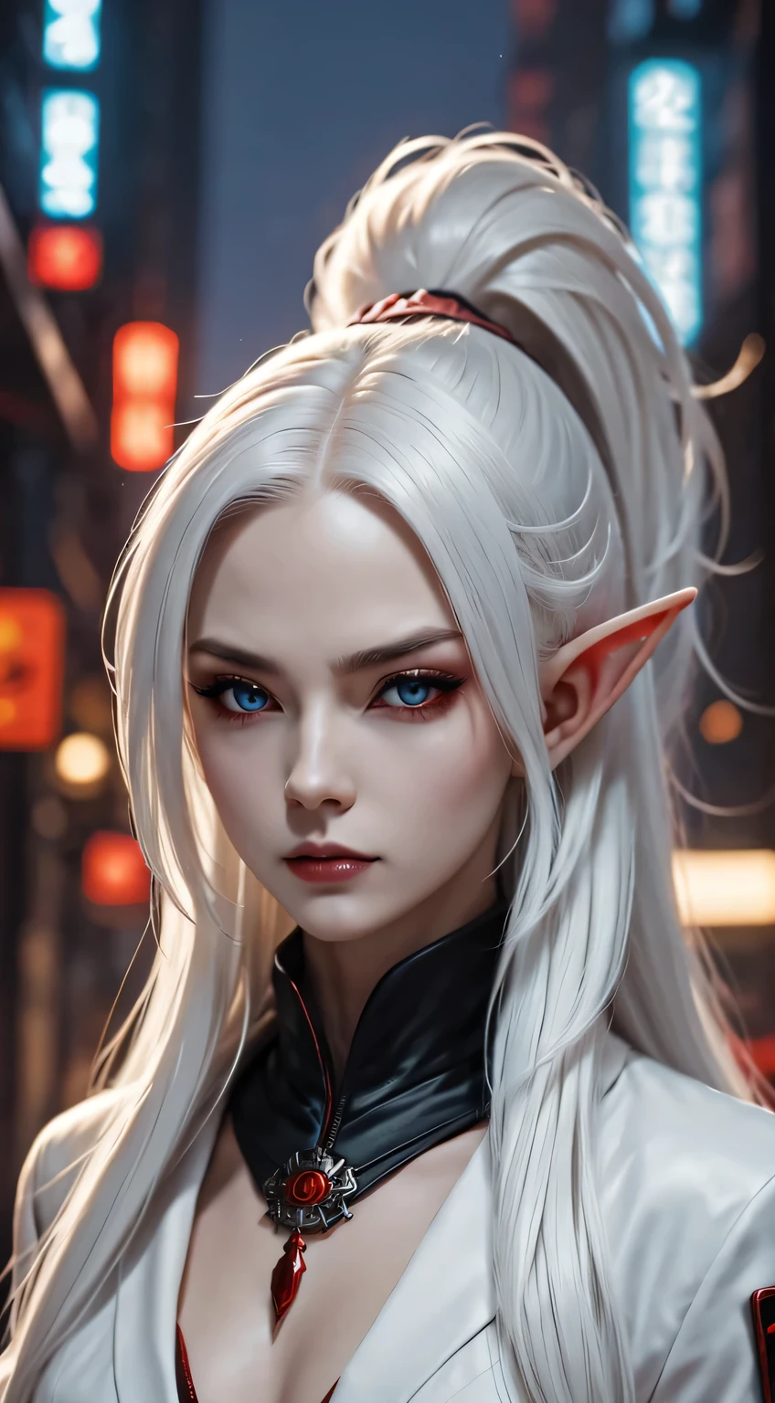 Photo of white-haired samurai wearing jacket standing in the middle of neon street , (she carries a katana). masterpiece, woman , Elf ears，Cyberpunk characters , (Have a tattoo), post apocalyptic, super detailed, ready to fight, Serious expression, (Super detailed samurai sword) , masterpiece ,
