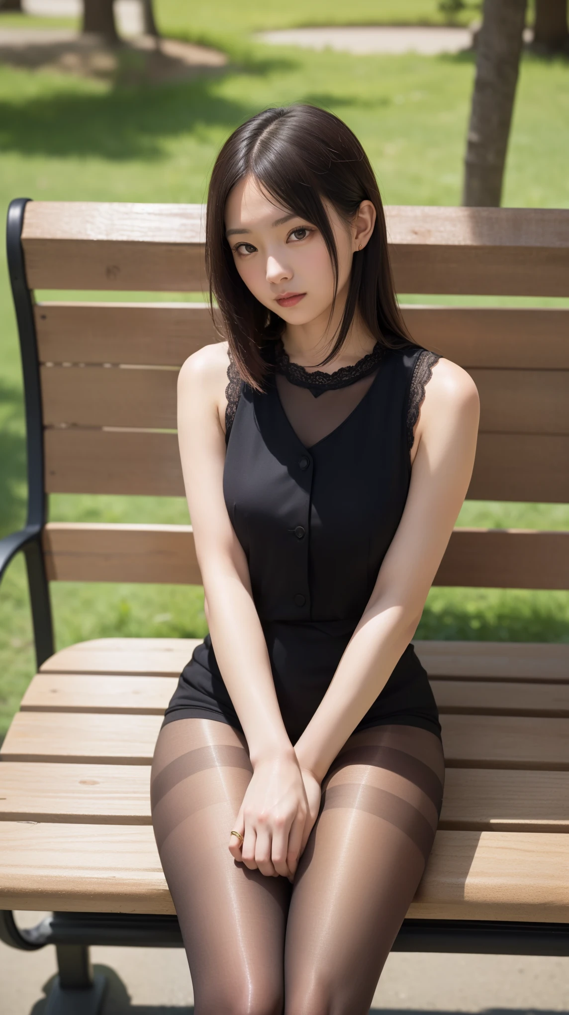 ulzzang-6500-v1.1, (RAW photo:1.2), (Photoreal), (muste piece), (genuine:1.4), １girl、perfect anatomy、48 years old、look at the camera、medium long hair、plaid vest、((sitting on the bench:1.3))、(Super realistic black sheer pantyhose:1.2), (high heels)、(business services)、