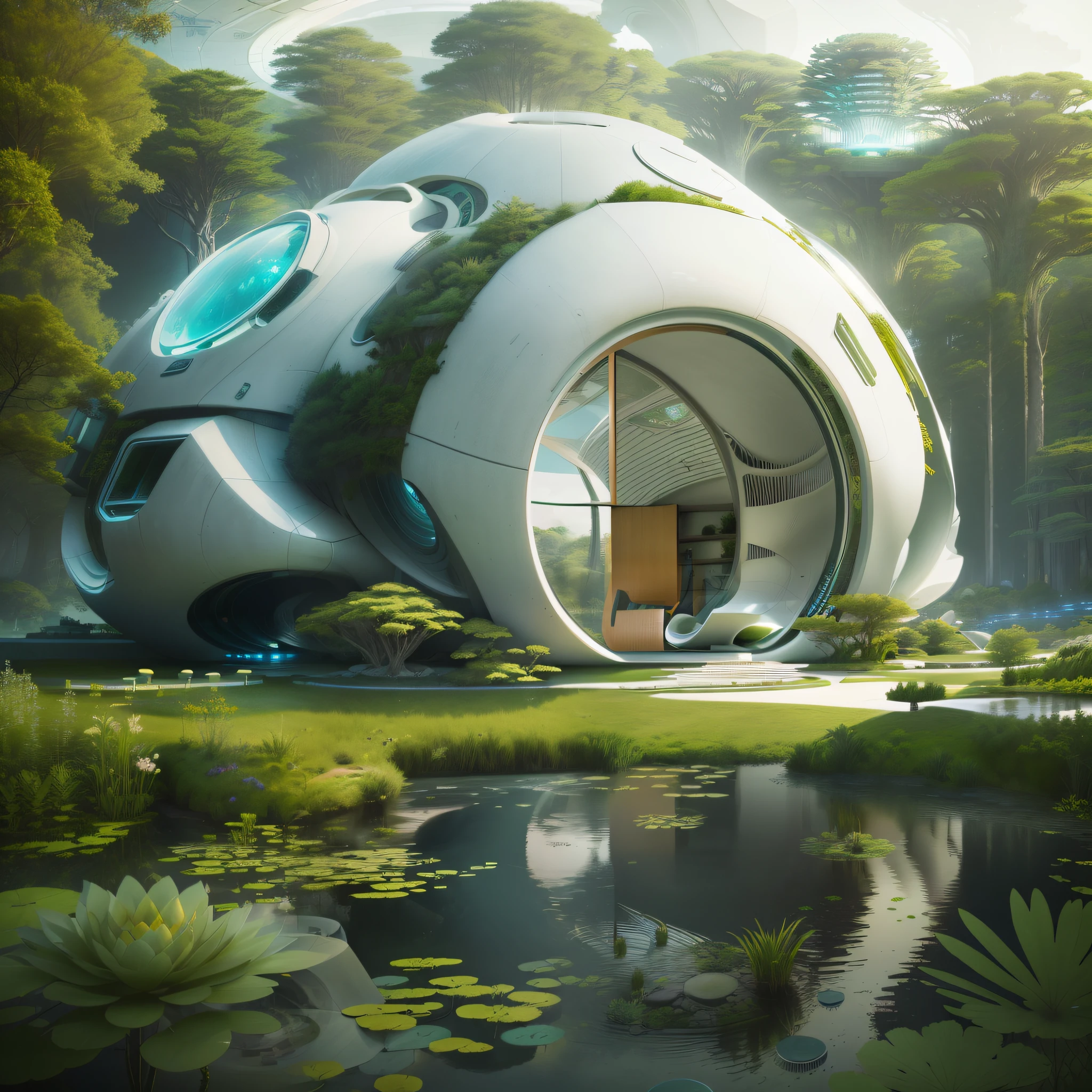 there is a house that is made of concrete and has a pond, organic architecture, realistic architecture, futuristic house, rounded architecture, fantasy house, in the art style of filip hodas, detailed futuristic architecture, futuristic architecture concept, futuristic architecture, house in forest, nature meets architecture, realistic fantasy render, futuristic architectural art, futuristic utopian architecture