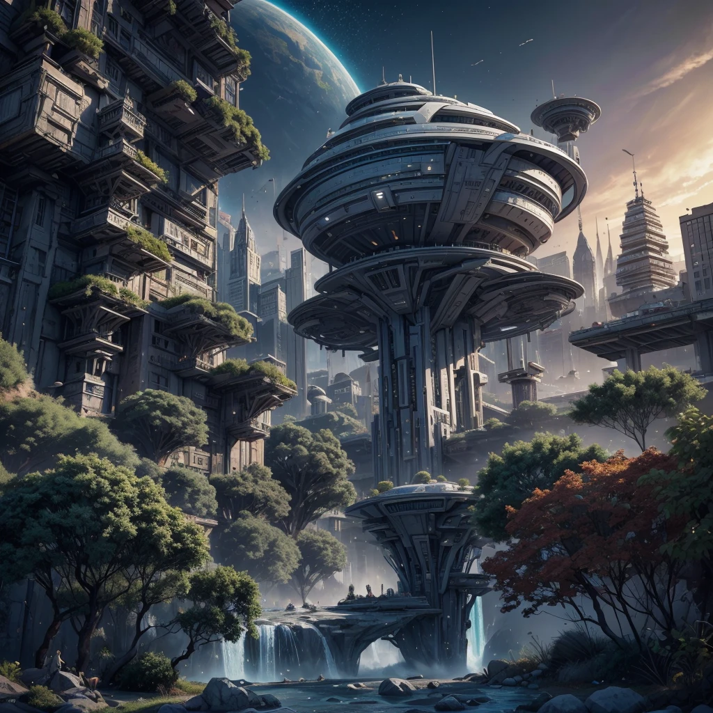 unreal engine:1.4,UHD,Best quality:1.4, fotorrealist:1.4, Masterpiece:1.8, unearthly, , Colonization of a new planet, gloomy atmosphere, a lot of alien vegetation, Intricate flowers, Alien Creatures, wild atmosphere, aggressive environment, amazing, stunning artwork. (Best quality,4k,8K,A high resolution,Masterpiece:1.2), ultra detailed ,(realist,fotorrealist,fotorrealist:1.37),HDR,UHD,Studio lighting, Ultra-thin paint, sharp focus, physically based representation, very detailed description, professional, Bright colors, fantastic city, The capital of the empire, mega tall skyscrapers. space towers for mooring star cruisers, pierce the sky, Bright city lights, the river pierces the city, waterfalls in city gardens, mega high waterfalls, who never sleeps. In the middle of a bustling cityscape, Famous high-tech pyramid style architecture, Its architectural wonders are embodied in a futuristic style.. When the hovercar glides easily through the air，Город full of life，full of life。，full of life。，full of life。，full of life。。, Modern technology blends seamlessly with traditional Arab luxury urban structures.. This is an amazing piece of art, Use Pixai, to bring powerful AI models to life, Showcase the limitless creativity and possibilities of our imagination. Experience the future of cityscapes at Pixai，Immerse yourself in the ghostly world of art, deep bottomless chasms filled with lava, lava falls, fire and smoke, A transport spaceship is moored to the spaceport terminal