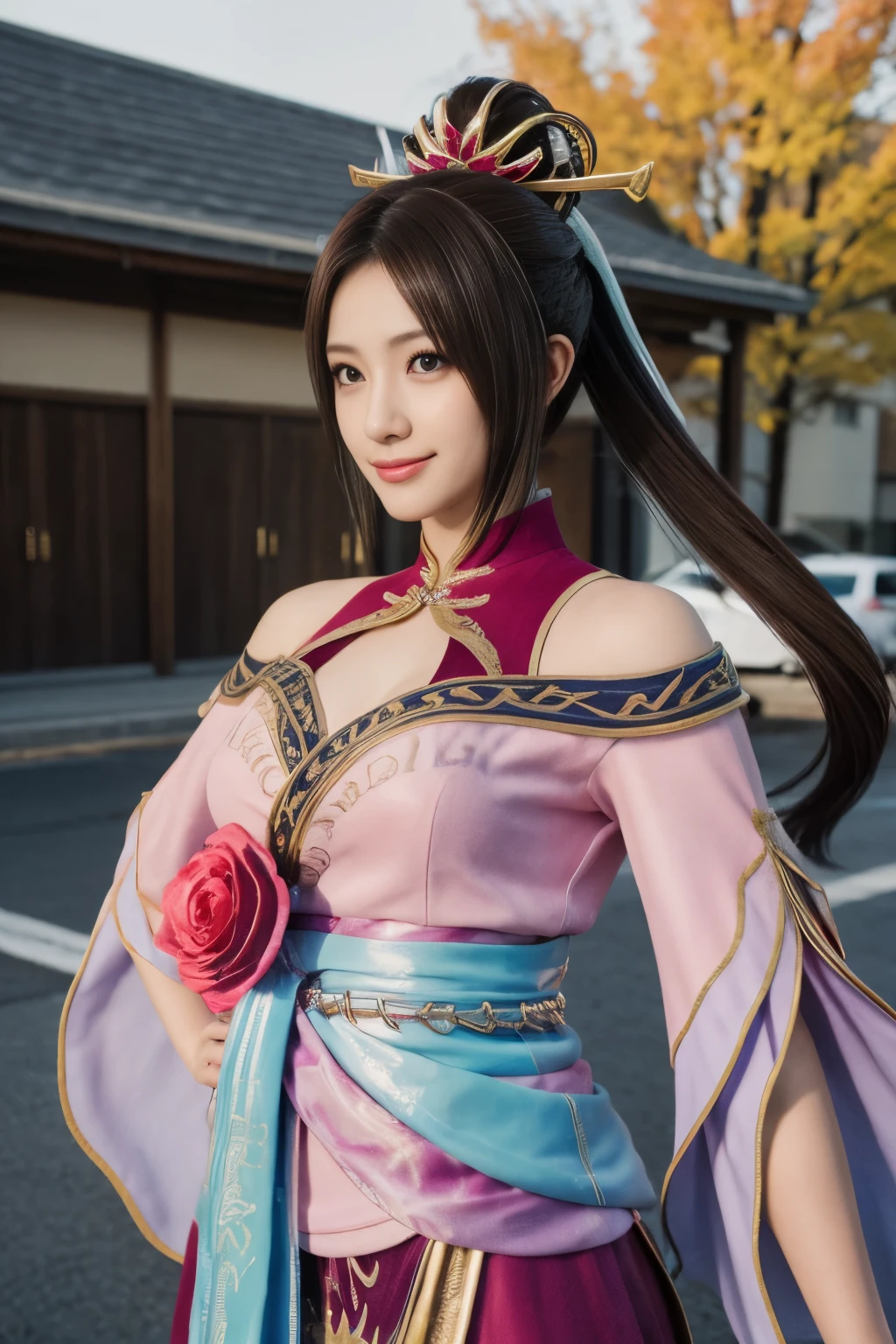 Diaochan from Sangoku Musou 8,超現實,髮飾,完美貂蟬古裝,雙馬尾、傑作、1個可愛的女孩、高中生1名、微笑,漂亮的眼睛、眼睛浮腫、戶外明亮,明亮的市中心、最好的品質, 超高解析度, (現實: 1.4), 電影燈光、日本人、亞洲美女、韓國人、超漂亮、美麗的肌膚、身體面向前方、全身,上半身、(超現實的な)、(高解析度)、(8K)、(非常詳細)、(美しく漂亮的眼睛)、(超詳細)、 (牆-)、詳細的臉、明亮的燈光、專業照明、看著觀眾、直視、斜瀏海、棕色的頭髮、乃木坂偶像、