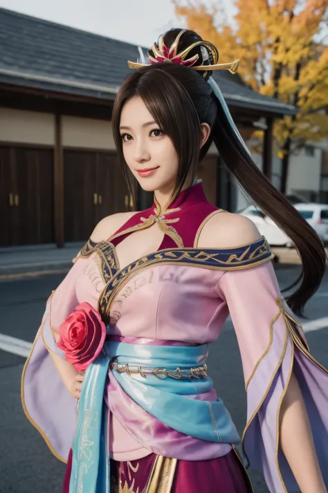 Diaochan from Sangoku Musou 8,Super realistic,hair ornaments,Perfect Diaochan costume,twin tails、masterpiece、1 cute girl、17 year old high school student、smile,fine eyes、puffy eyes、bright outdoors,Bright downtown、highest quality, 超High resolution, (reality:...