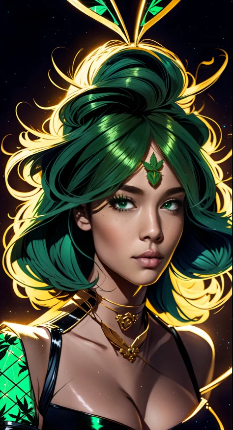 A closeup of a woman with a marijuana leaf on her head, personification of marijuana, Jen Bartel, maconha!, Tema Maconha, in ill...