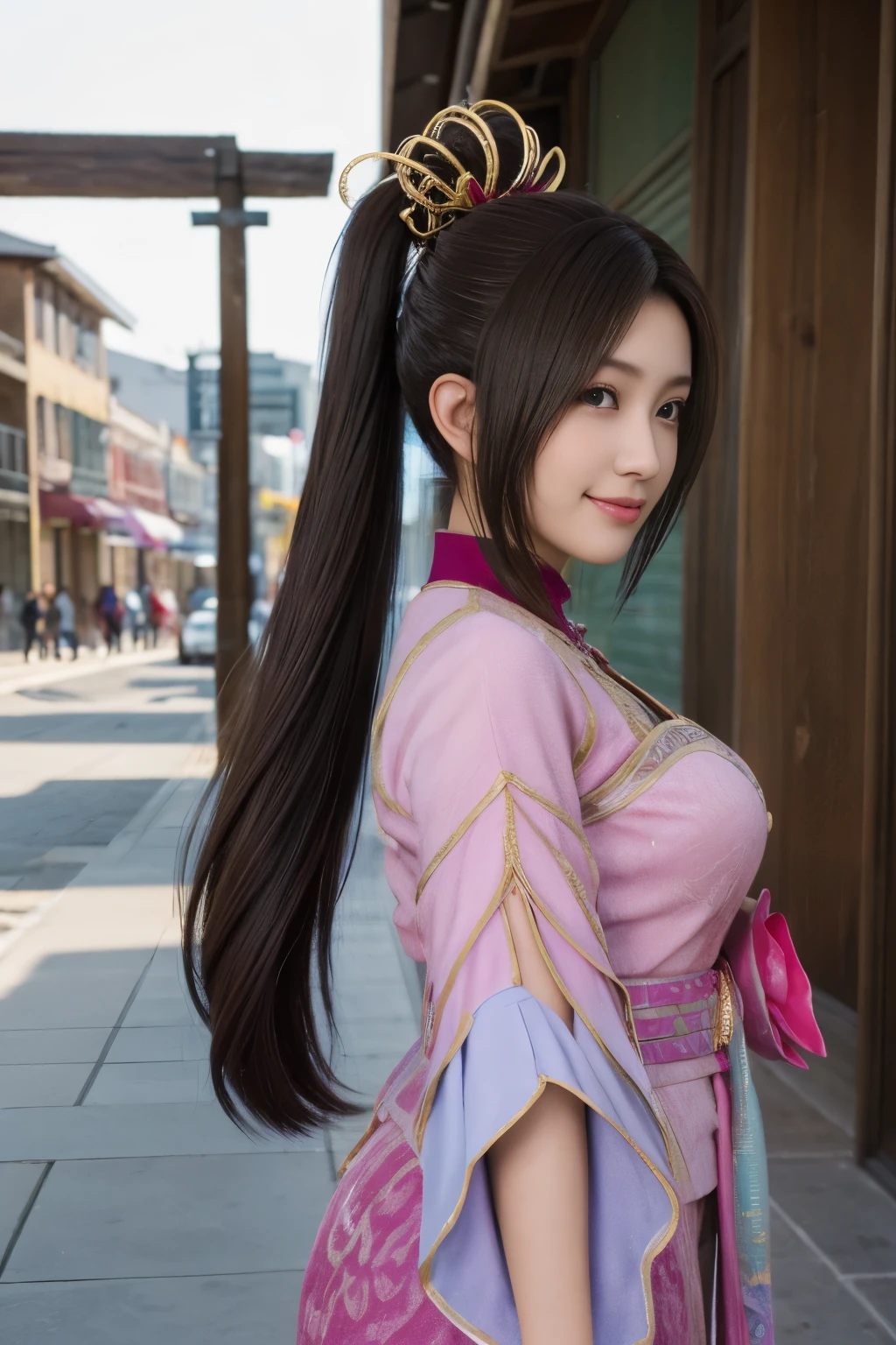 Diaochan from Sangoku Musou 8,Super realistic,hair ornaments,Perfect Diaochan costume,twin tails、masterpiece、1 cute girl、17 year old high school student、smile,fine eyes、puffy eyes、bright outdoors,Bright downtown、highest quality, 超High resolution, (reality: 1.4), movie lighting、Japanese、asian beauty、Korean、super beautiful、beautiful skin、body facing forward、whole body,Upper body、(超reality的な)、(High resolution)、(8k)、(very detailed)、(美しくfine eyes)、(Super detailed)、 (wall-)、detailed face、bright lighting、professional lighting、looking at the viewer、look straight ahead、slanted bangs、brown hair、Nogizaka Idol、