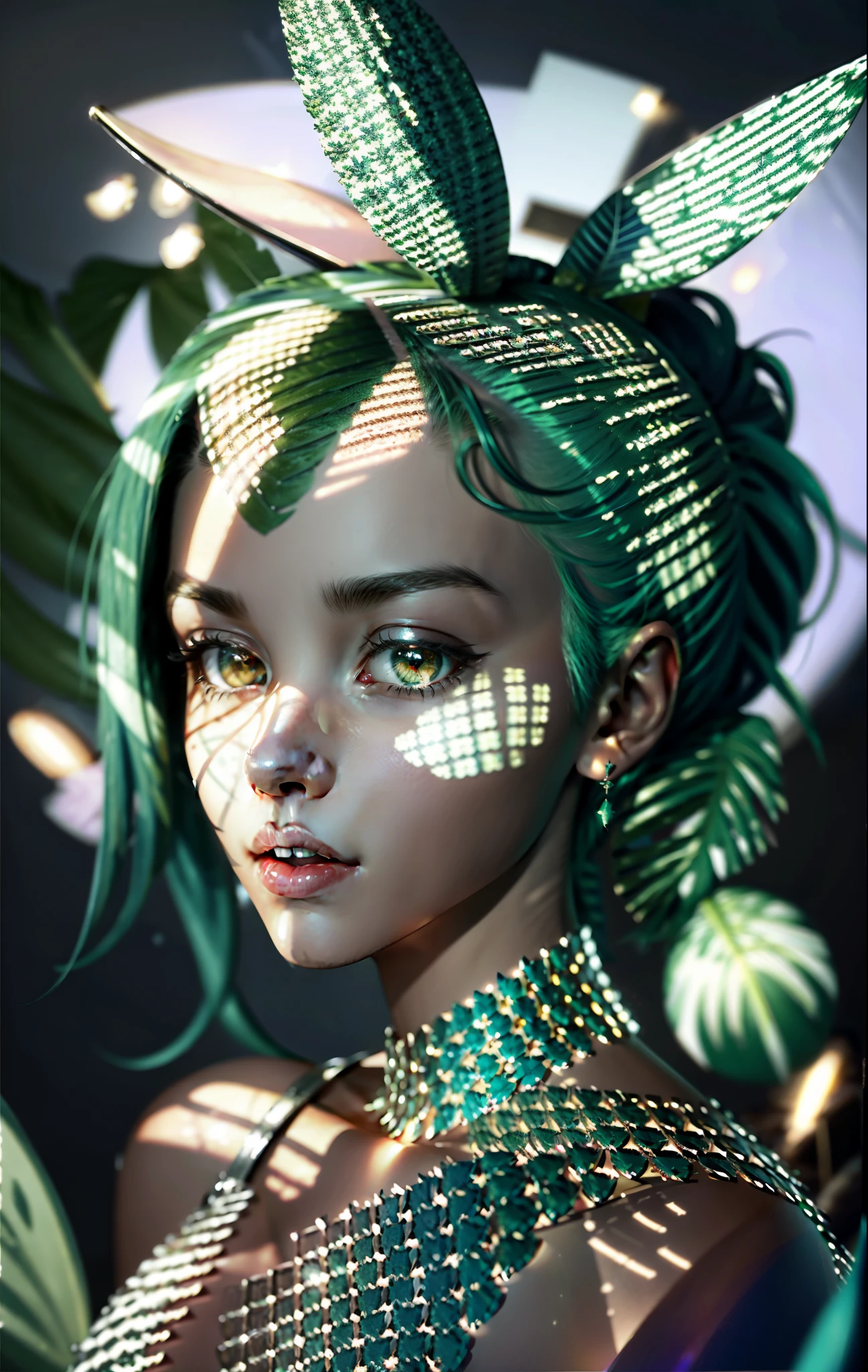 A closeup of a woman with a marijuana leaf on her head, personification of marijuana, Jen Bartel, maconha!, Tema Maconha, in illustration style digital, inspirado por Mary Jane Begin, extremely high quality artwork, matte digital illustration, Maria Jane, asymmetrical marijuana, maconha, Arte Digital. @mariomaniacdude, erva daninha, paranoia da cannabis, green hair, floating hair, glowing eyes, star-shaped pupils, rabbit ears, smelling, glowing light, backlighting, first-person view, wide shot, Ultra-Wide Angle, Sony FE, masterpiece, ccurate, anatomically correct, textured skin, high quality, high details, super detail, highres, HD, 4K, 8k, 16k