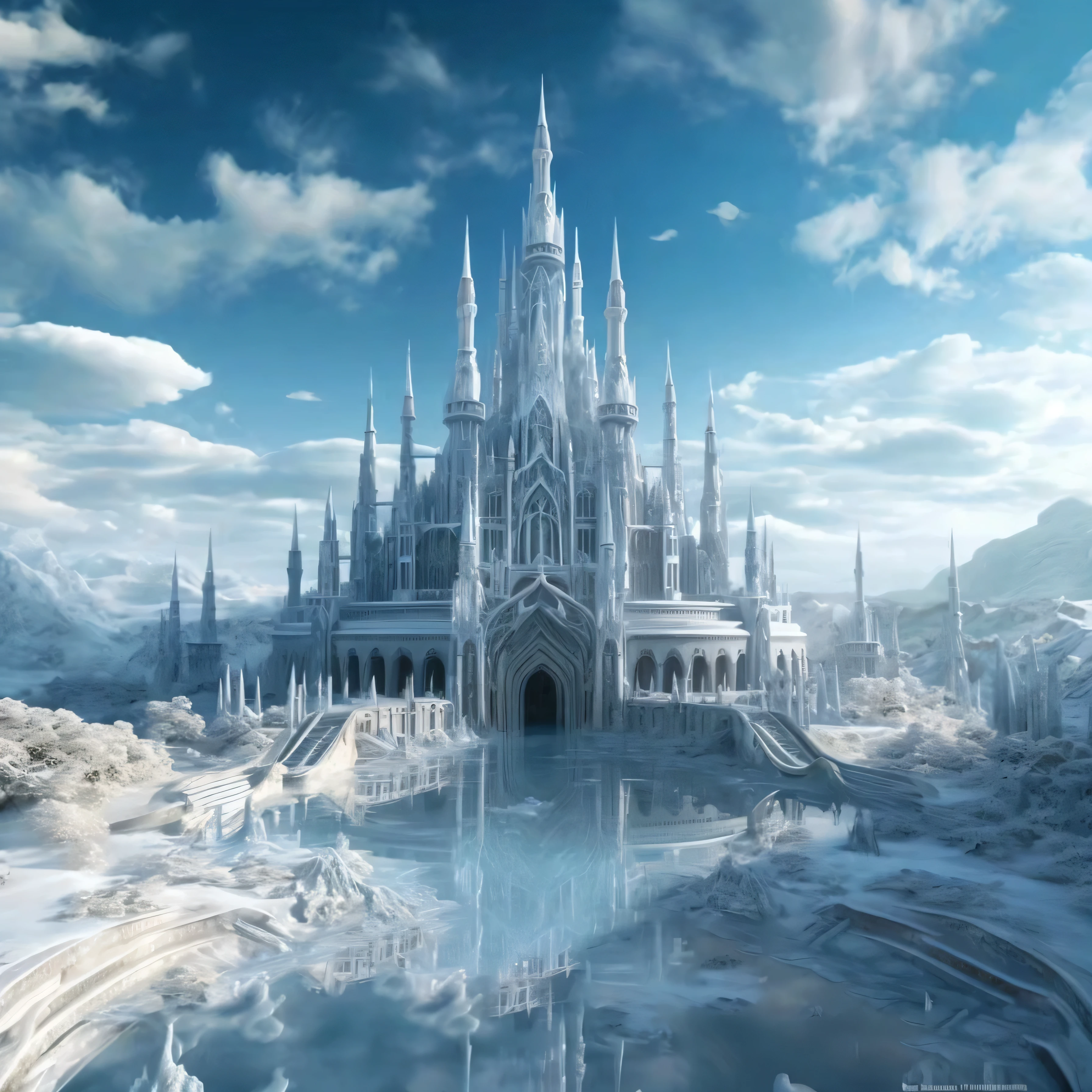 cloudy day，A large castle surrounded by ice and snow, Ice City 2 0 8 0, futuristic castle, high Fantasy castle, cathedral background, Sophisticated matte painting, Fantasy castle, Luxurious matte spray paint, Exquisite matte painting, Epic castle with towering spiers, a beautiful matte painting, Fantasy style matte, amazing Exquisite matte painting, Unreal Engine Fantasy Art