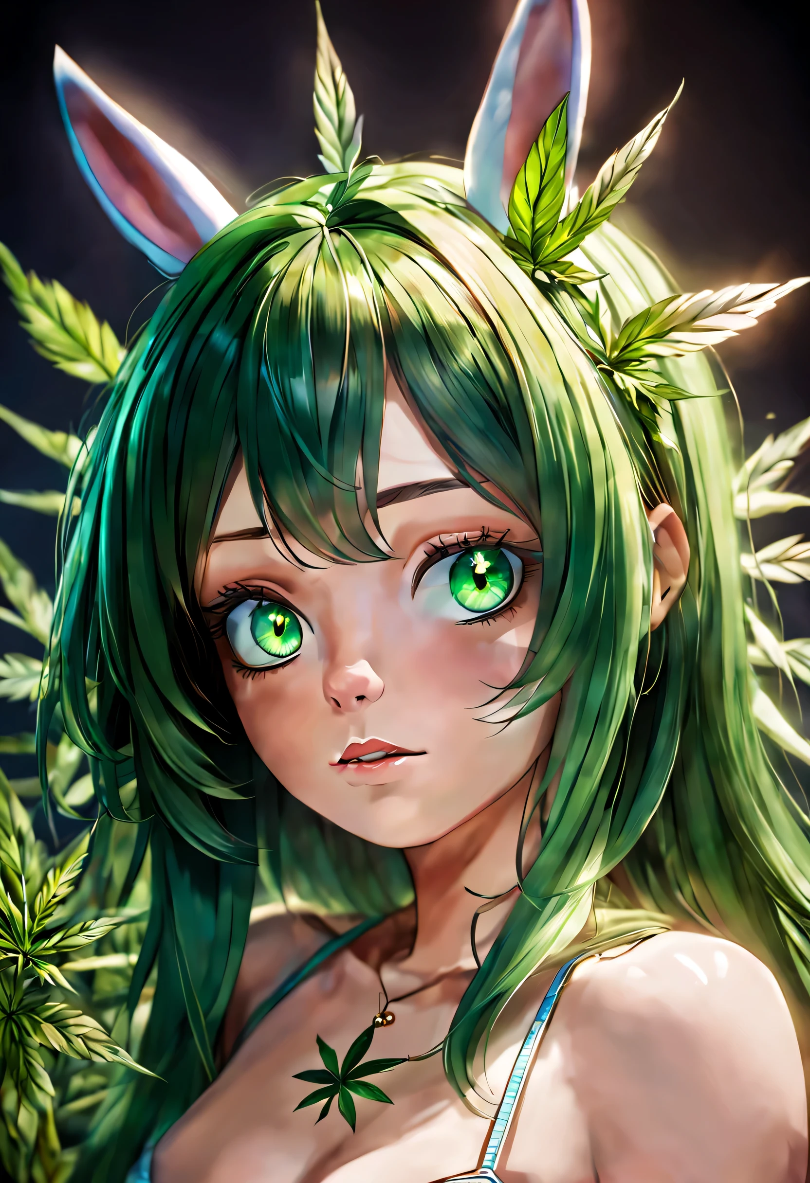 text "Mary Jane", A closeup of a woman with a marijuana leaf on her head, personification of marijuana, Jen Bartel, maconha!, Tema Maconha, in illustration style digital, inspirado por Mary Jane Begin, extremely high quality artwork, matte digital illustration, Maria Jane, asymmetrical marijuana, maconha, Arte Digital. @mariomaniacdude, erva daninha, paranoia da cannabis, green hair, floating hair, glowing eyes, star-shaped pupils, rabbit ears, smelling, glowing light, backlighting, first-person view, wide shot, Ultra-Wide Angle, Sony FE, masterpiece, ccurate, anatomically correct, textured skin, high quality, high details, super detail, highres, HD, 4K, 8k, 16k