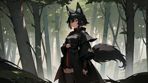 (masterpiece), A Tall grown-up woman who is a black foxgirl, Black short side-swept bang hair, Fantasy Adventurer's outfit, ((bl...