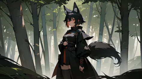 (masterpiece), a tall grown-up woman who is a black foxgirl, black short side-swept bang hair, fantasy adventurer's outfit, ((bl...