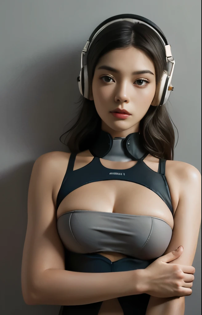 Highest image quality, Excellent details, ultra high resolution, (realism: 1.4), ((close up:0.75)), best illustrations, Offer details, Highly concentrated 1lady, Have a beautiful and delicate face, Perfect proportion, (chubby:0.3, small breasts), (Wearing a racing suit is like, Black and gray mecha, Wearing high-tech headphones, military harness, With a rifle), team leader, Background simple gray wall,