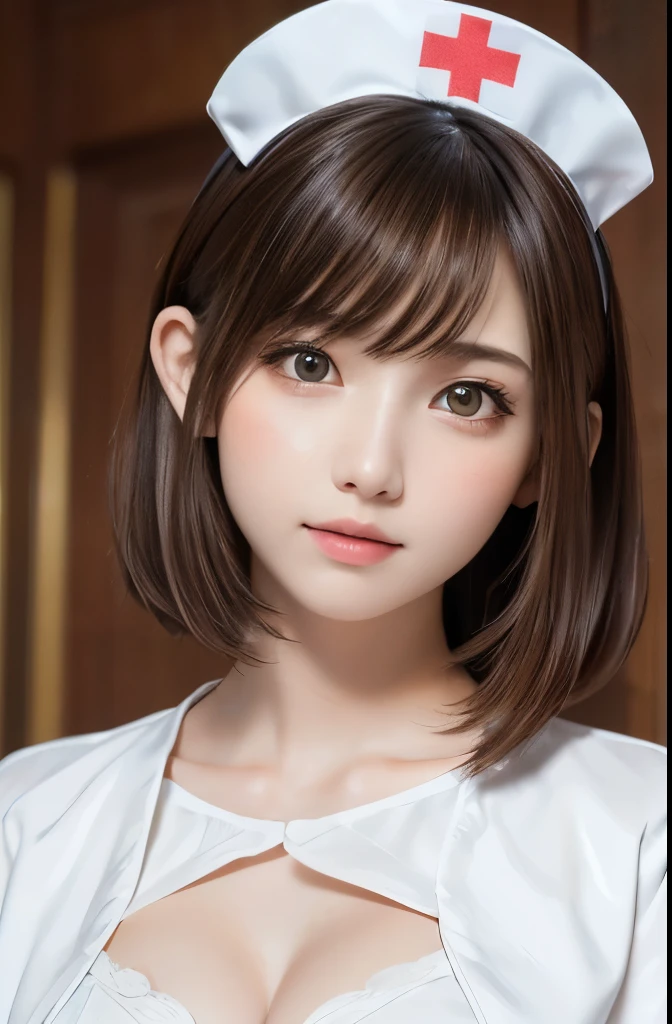 table top, highest quality, one girl, (beautiful girl:1.3), (18-year-old:1.3), extremely fine-grained clarity, (symmetrical eyes:1.3), (nurse costume, white costume:1.2), beautiful breasts, brown eyes, parted bangs, brown hair