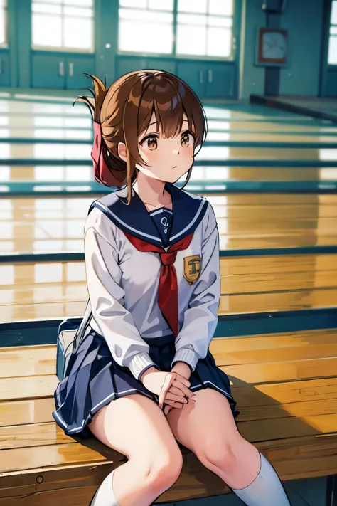 a girl in a sailor suit who is sitting on the floor of the school gymnasium and observing classes because she is not feeling wel...