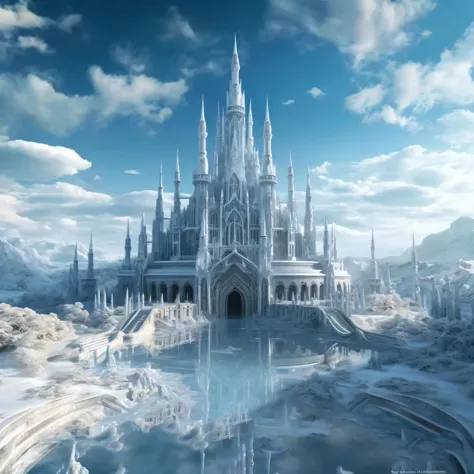 cloudy day，A large castle surrounded by ice and snow, Ice City 2 0 8 0, futuristic castle, high Fantasy castle, cathedral backgr...