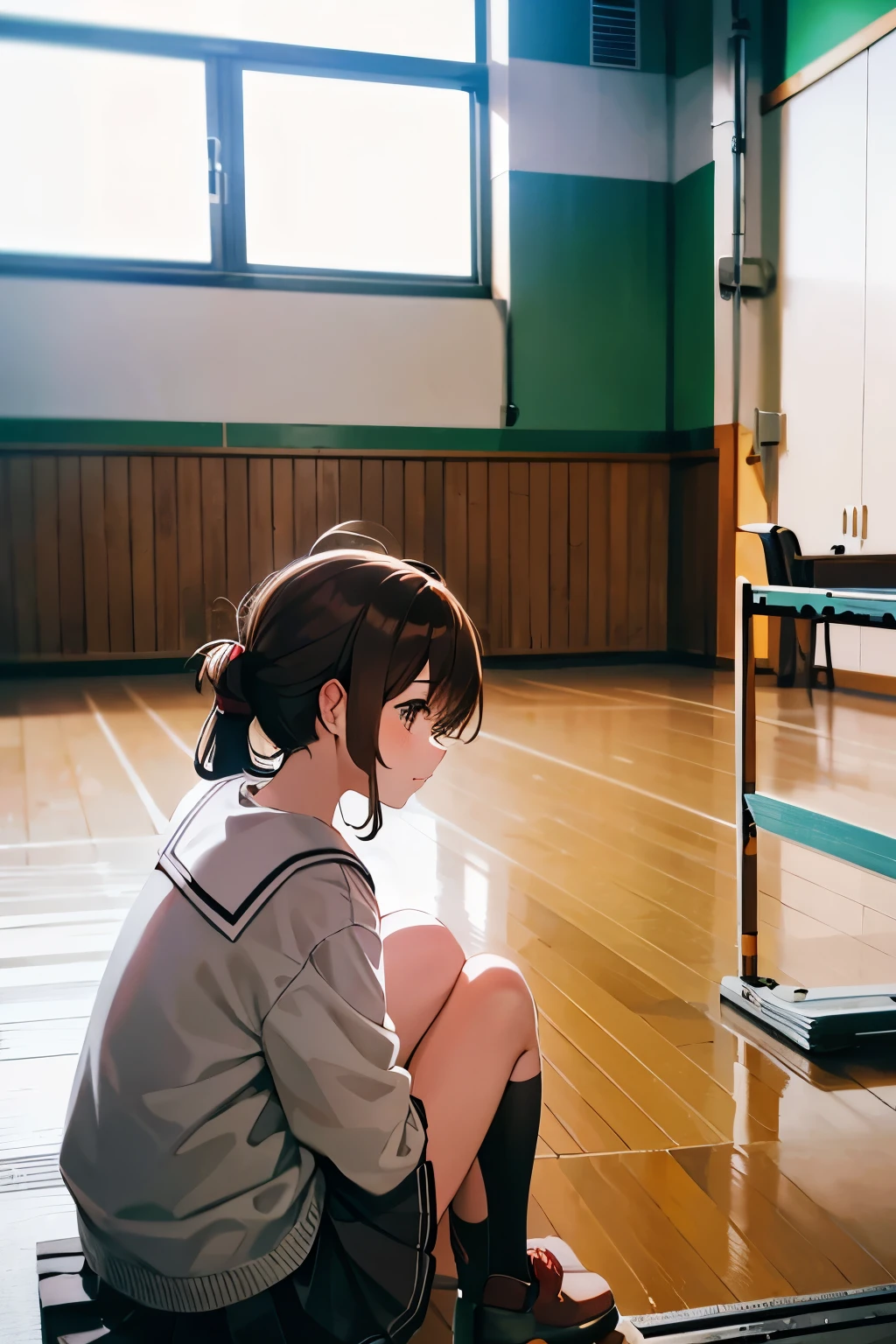 I am sitting on the floor of the school gymnasium and observing classes because I am not feeling well.(masterpiece, best quality:1.2),illustration,8k,hd,1girl,solo,upper body,(portrait:1.2),brown_hair,folded_ponytail,brown_eyes,serafuku,long_hair,school_uniform,skirt,pleated_skirt,