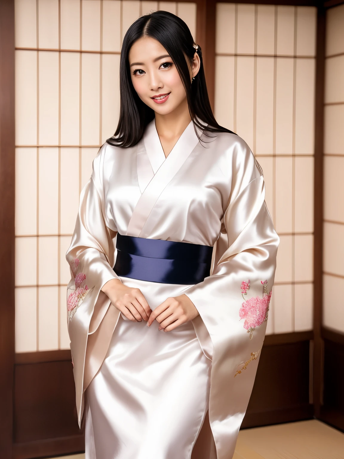 A masterpiece like no other in history, Ultra realistic 8k CG, perfect artwork, 1 girl, Beautiful woman、beautiful posture、happiness、blissful、smile gently、rich、fulfillment、realistic texture、big and full breasts、slim waist, Princess, elegant、situation々and have、looking at the viewer, ((perfect woman image)), black hair, black eye, attractive, clean, beautiful face, pure face, white skin, hair length, skin dents,neat hair ornament、hairpin、wear tabi boots、(rich:1.5), (Highly detailed 8K Japanese kimono and silk long garments and dresses:1.5), (expensive kimono、delicate pattern, intricate details), The background is a samurai residence from the Edo period.、blur background、