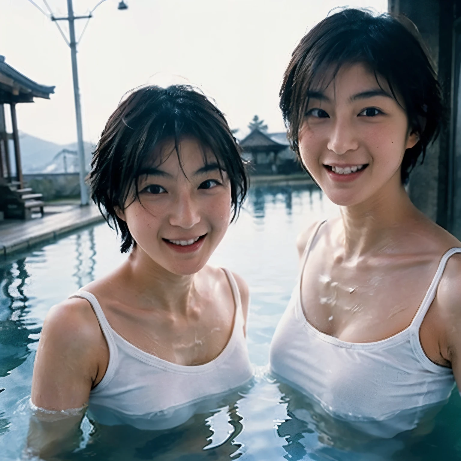 Japanese Twin Girls Nude - Two asian women in a pool of water with a building in the background -  SeaArt AI