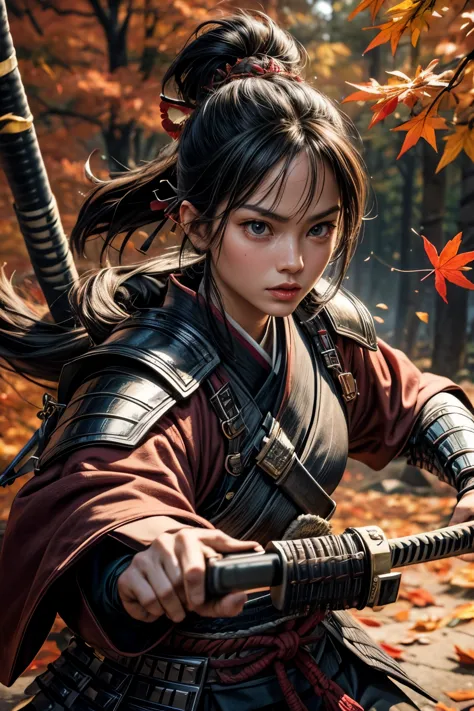 ultra-detailed samurai in traditional armor, fierce expression, powerful stance, katana in hand, autumn leaves background
, vibr...